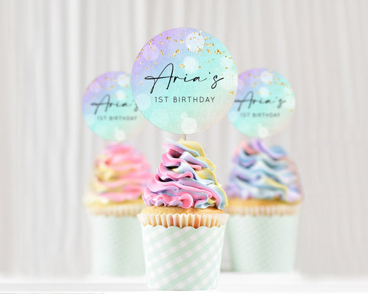 Editable Rainbow Cupcake Toppers Pastel Cupcake Toppers Colorful Pastel Wate