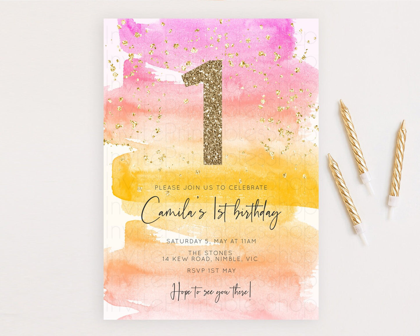 Rainbow Birthday Invitation Colorful Pastel Watercolor Invitation Gold Glitter Sprinkles Ombre Pastel 1st 2nd 3rd Birthday D10520