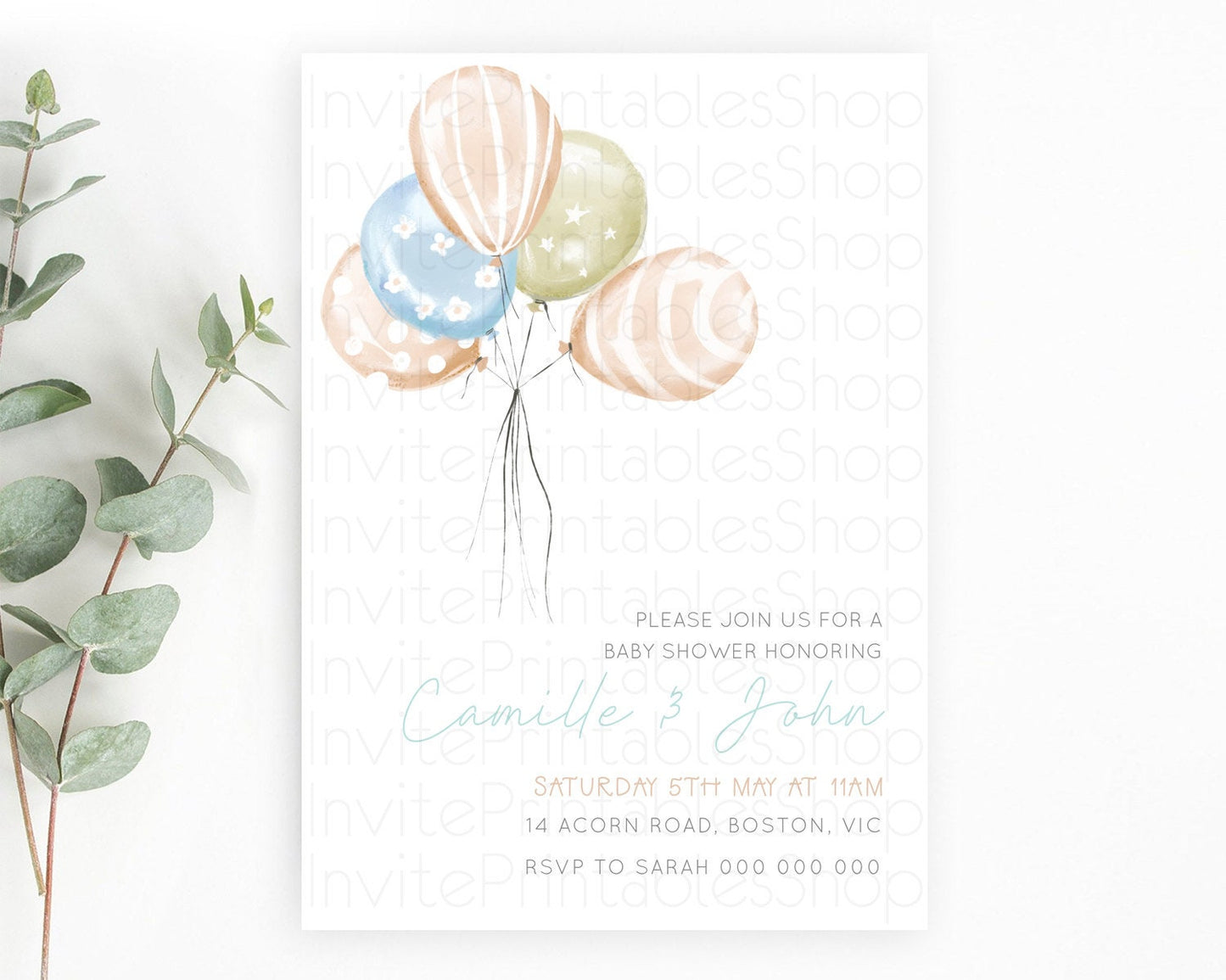 Pastel Balloon Baby Shower Invitation Pastel Balloon Pink Blue Gold Invitation Colorful Pastel Rainbow Balloon Baby Shower Theme d22999