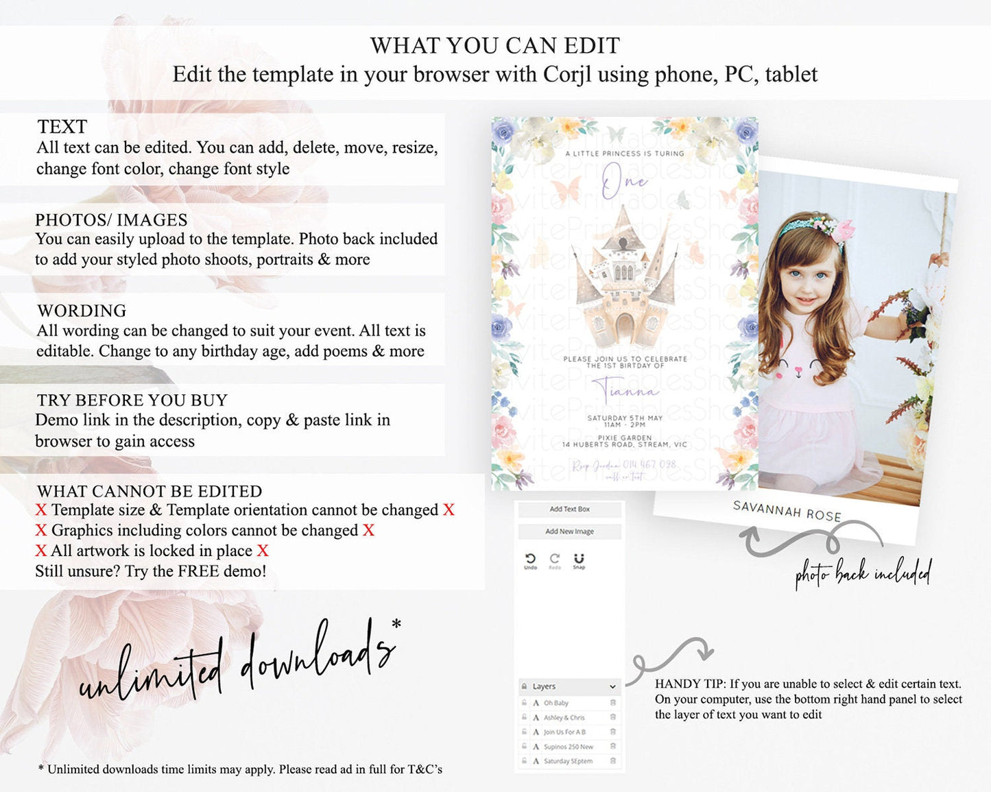Princess Birthday Invitation Castle Invitation Royal Birthday Fairy Tale Enchanted Castle Pastel Floral Garden 1st First Birthday D10709