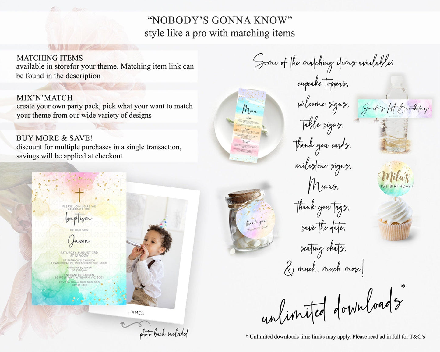 Pastel Baptism Invitation Pastel Colors Watercolor Baptism 1st Birthday Party Gold Ombre Pastel Rainbow Christening Holy Communion D10151
