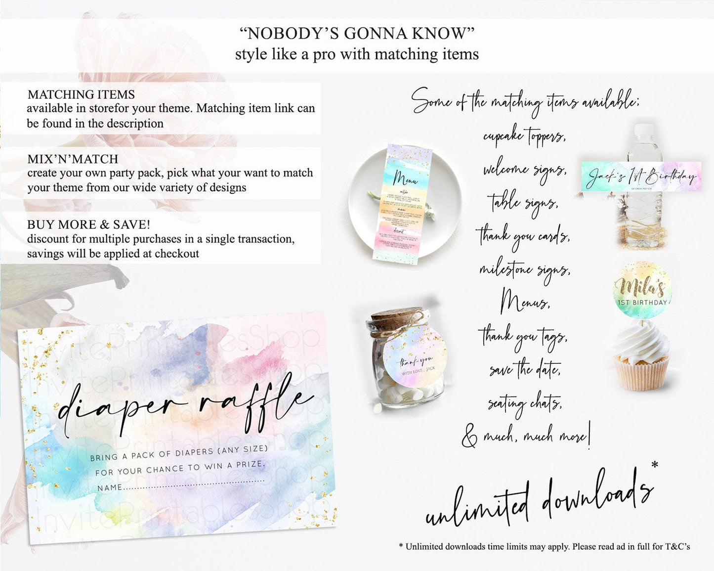 Pastel Diaper Raffle Card Pastel Rainbow Diaper Raffle Insert Colorful Ombre Watercolor Diaper Ticket Confetti Glitter Raffle Game D10420
