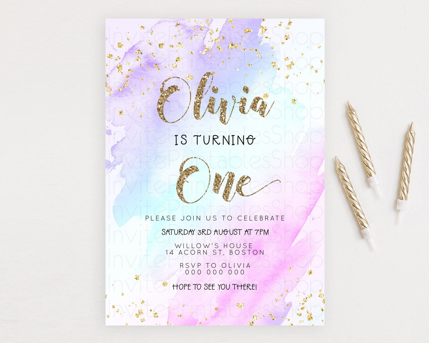 Editable Rainbow Birthday Invitation Colorful Pastel Watercolor Invitation G