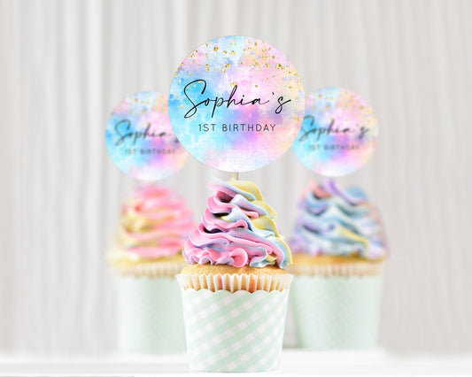 Rainbow Cupcake Toppers Pastel Cupcake Toppers Colorful Pastel Watercolor Cupcake Ombre Pastel Décor Pastel First Birthday Cupcake D10607