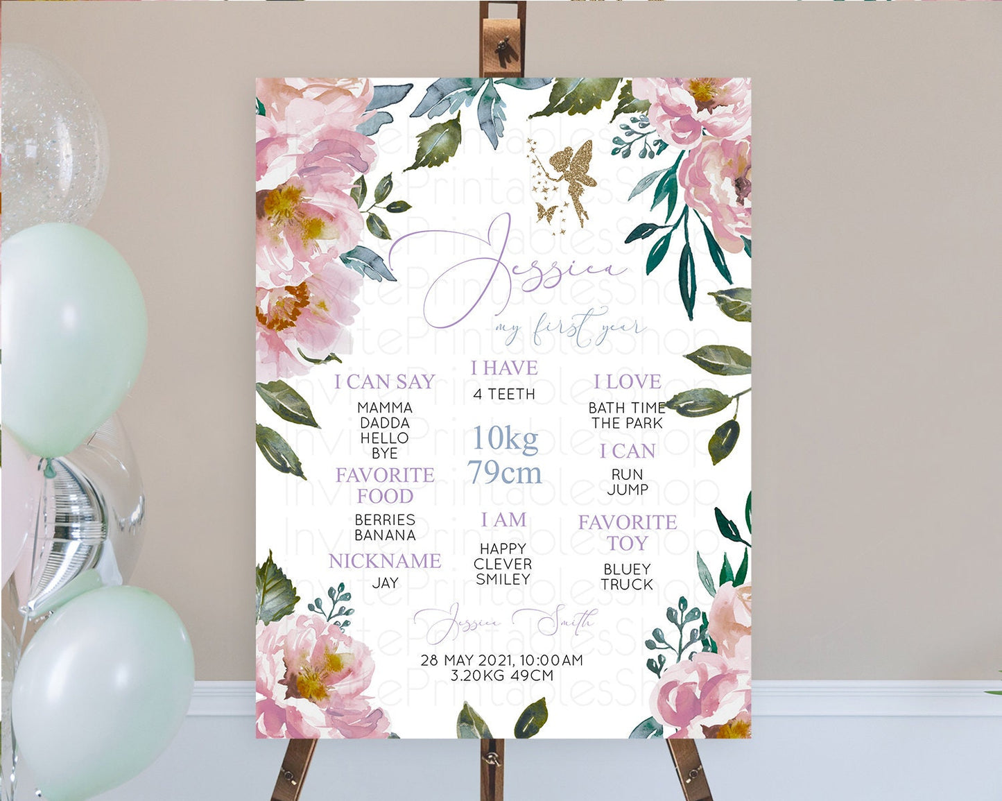 Fairy First Birthday Milestone Poster Fairy Secret Garden Milestone Board Enchanted Garden Pastel Floral Butterfly 1st Birthday Sign D10727