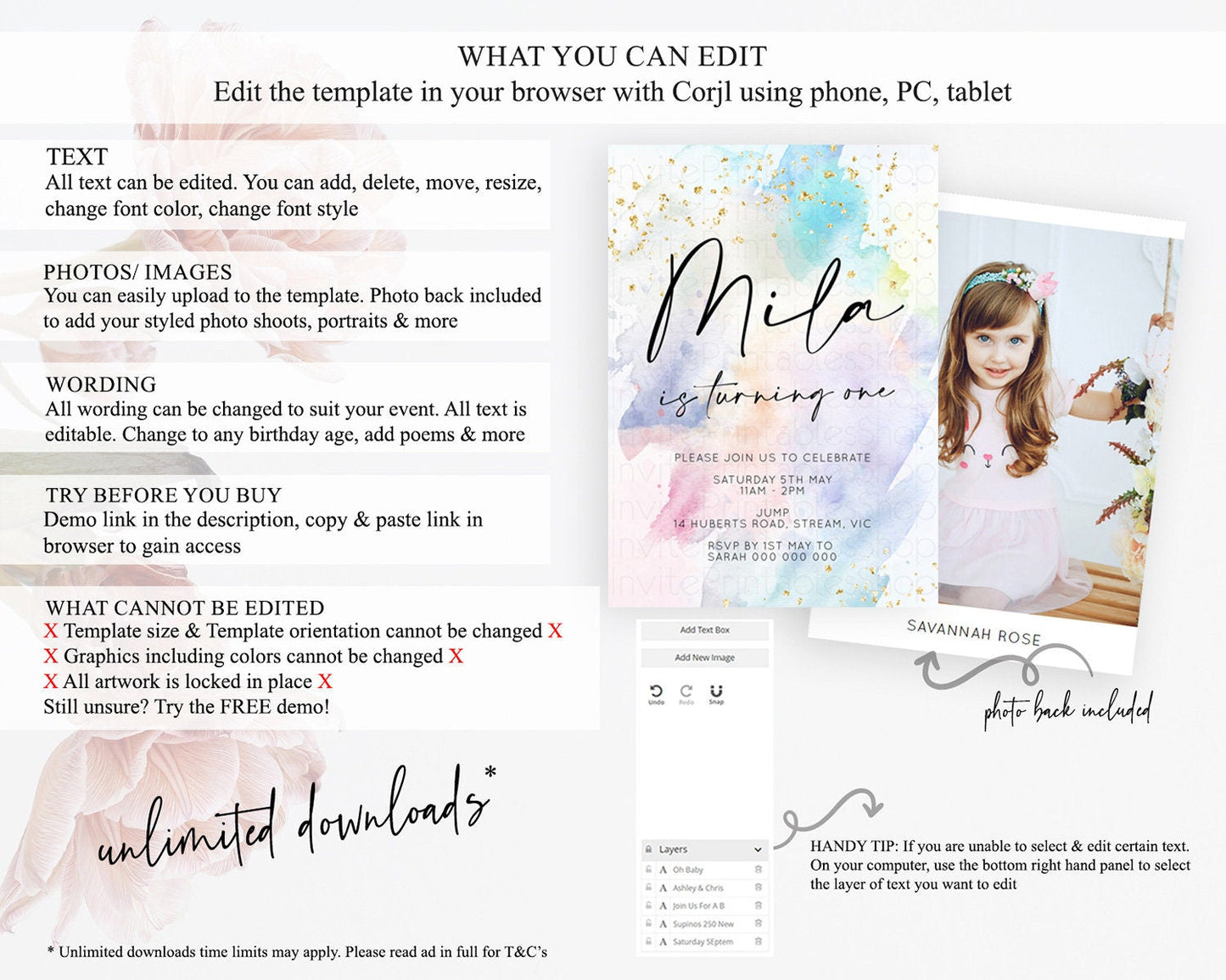 Rainbow Birthday Invitation Colorful Pastel Watercolor Invitation Gold Glitter Sprinkles Ombre Pastel 1st 2nd 3rd Birthday D10420