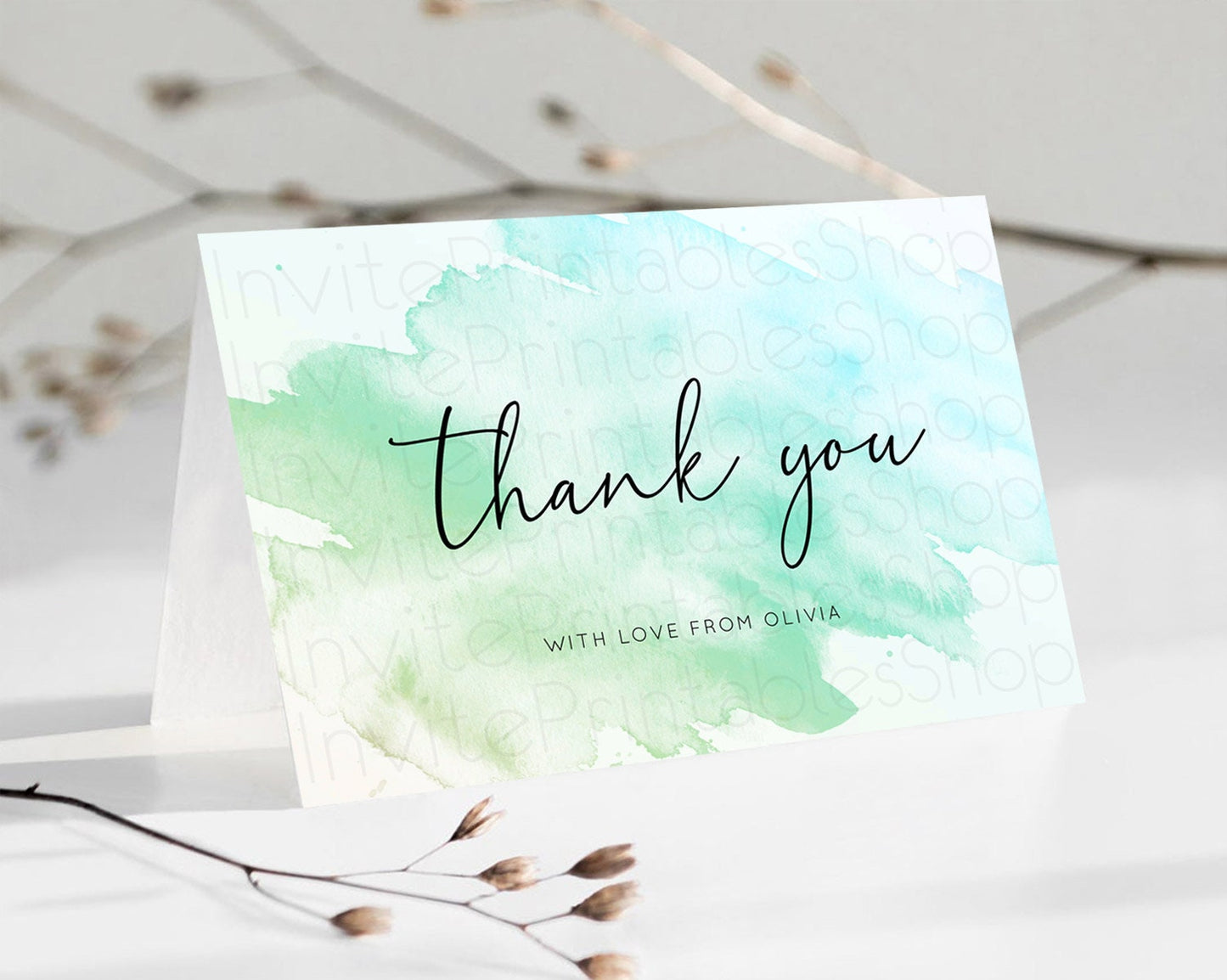 Green Thank You Green Watercolor Thank You Card Pastel Green Card Template Watercolor Splash Cards Teacher Thank You Card Template D10166