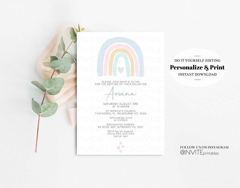 Rainbow Baptism Invitation Pastel Watercolor Christening Invitation Stars Colorful Splash Gold Foil Pastel Color Communion Orthodox Cross