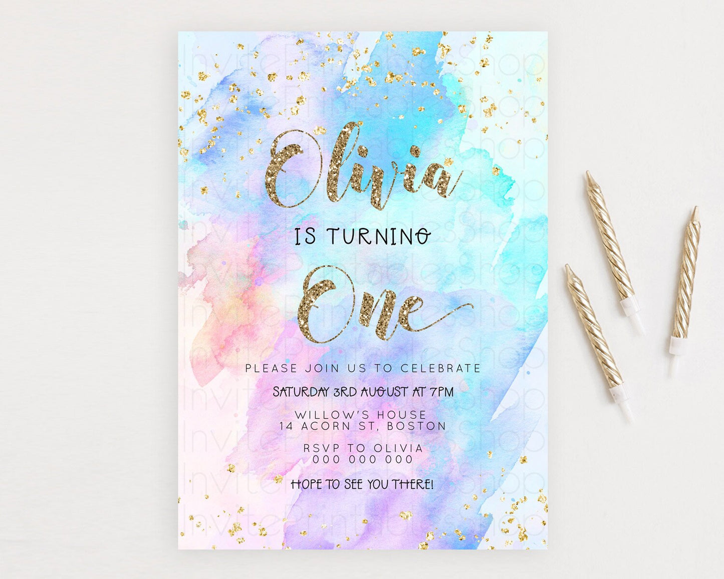 Rainbow Birthday Invitation Colorful Pastel Watercolor Invitation Gold Glitter Sprinkles Ombre Pastel 1st 2nd 3rd Birthday D23293