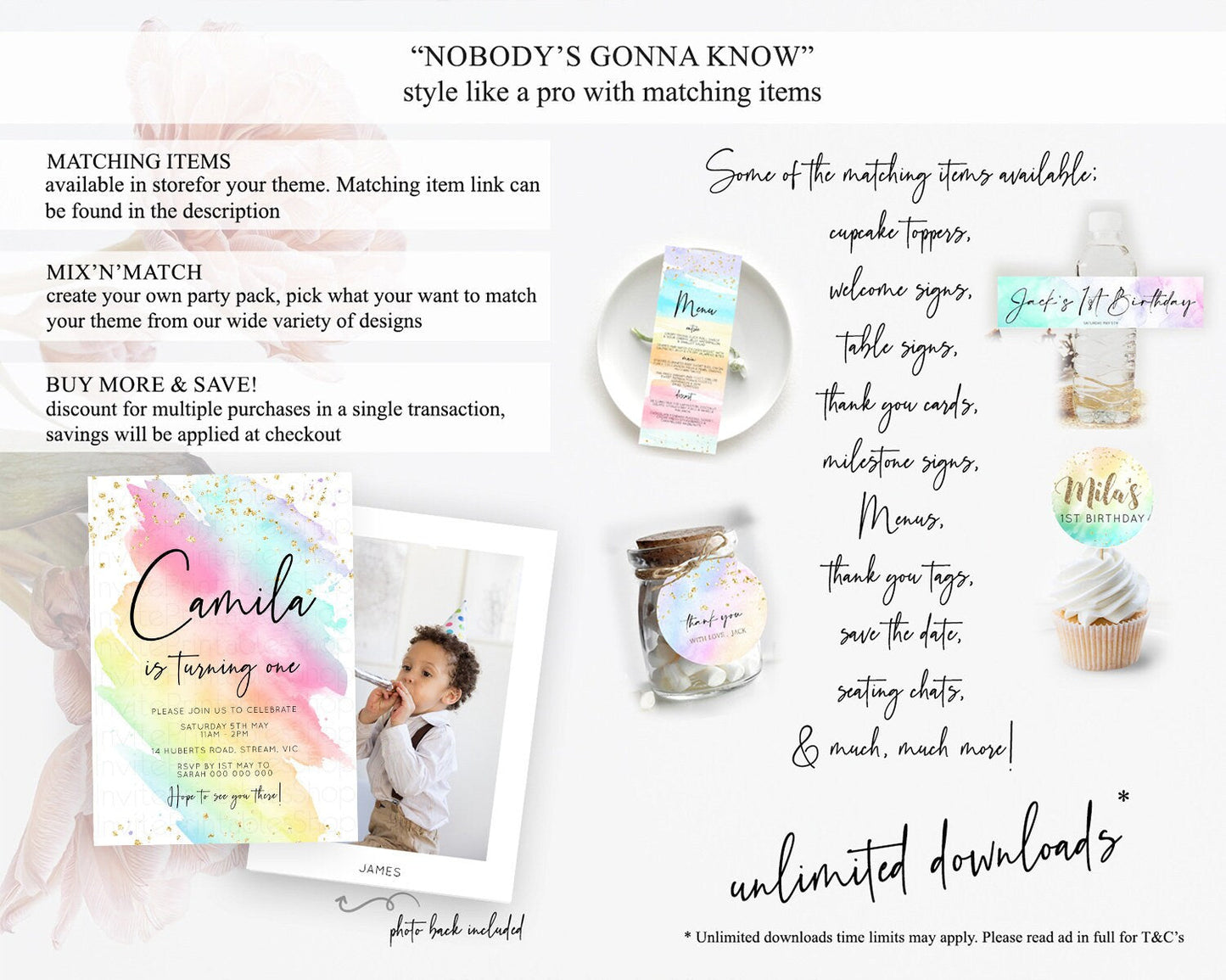 Rainbow Birthday Invitation Colorful Pastel Watercolor Invitation Gold Glitter Sprinkles Ombre Pastel 1st 2nd 3rd Birthday D10495