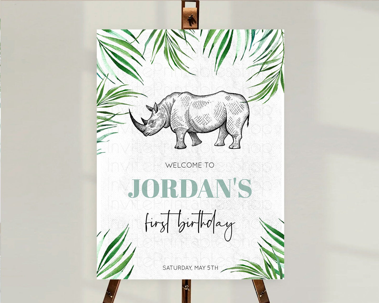 Rhino Welcome Sign Rhino Welcome Board Rhino Welcome Poster Dried Palm Fern Safari Party Decor Rhino First Birthday Welcome Sign D10848