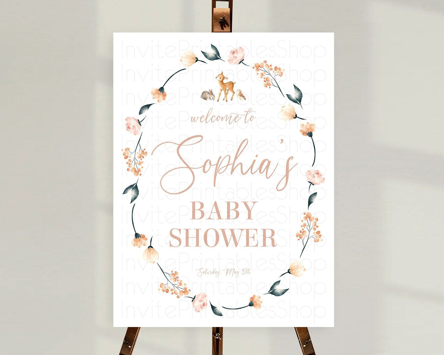 Fawn Baby Shower Welcome Sign Deer Welcome Board Floral Deer Welcome Poster Enchanted Forest Butterfly Pastel Floral Welcome Sign D10241