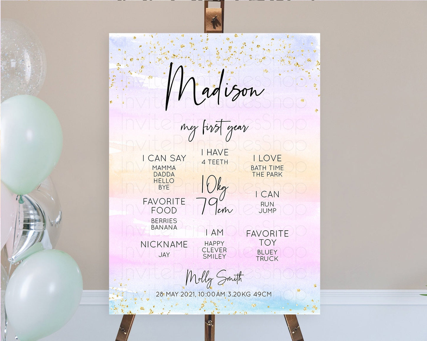 Pastel First Birthday Milestone Board Pastel Rainbow Milestone Poster Colorful Confetti Watercolor Glitter 1st Birthday Welcome Sign D10594