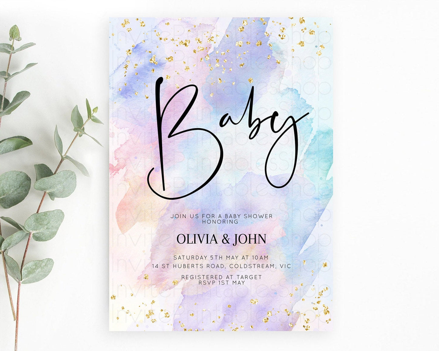 Pastel Baby Shower Invitation Rainbow Baby Shower Invitation Colorful Pastel Watercolor Invitation Gold Glitter Sprinkles Ombre D10583