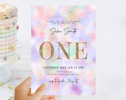 Rainbow Birthday Invitation Colorful Pastel Watercolor Invitation Gold Glitter Sprinkles Ombre Pastel 1st 2nd 3rd Birthday D10697