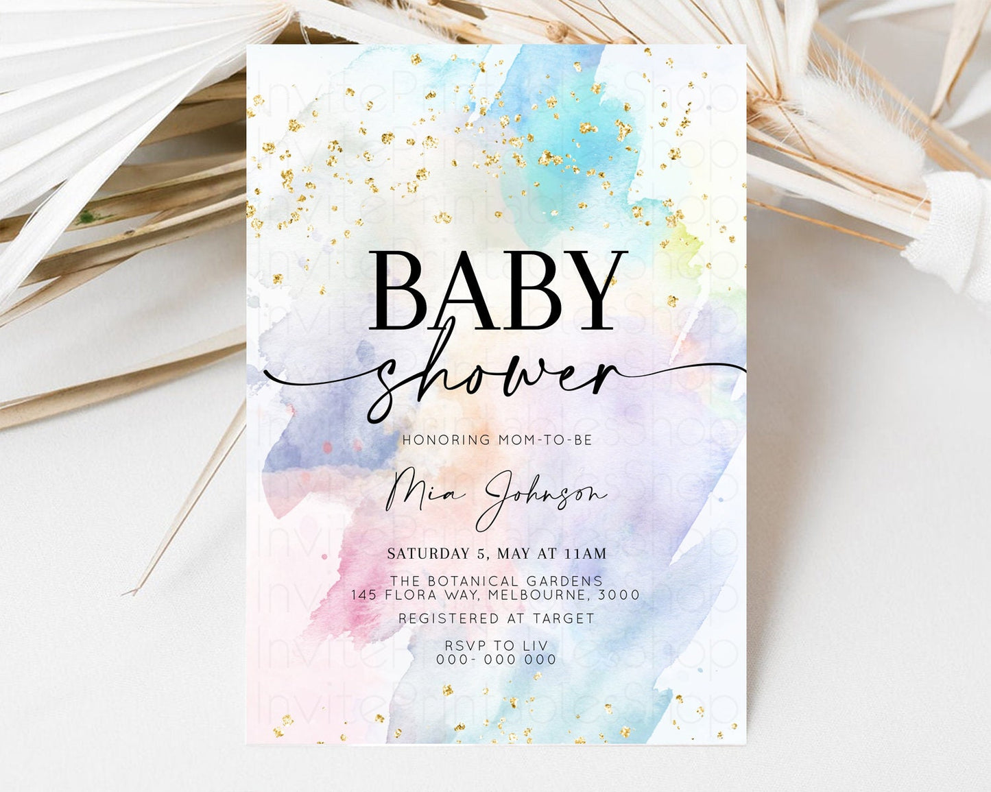 Rainbow Baby Shower Invitation Pastel Baby Sower Invite Colorful Splash Invite Sprinkle Confetti Watercolor Ombre Baby Shower Invite T487