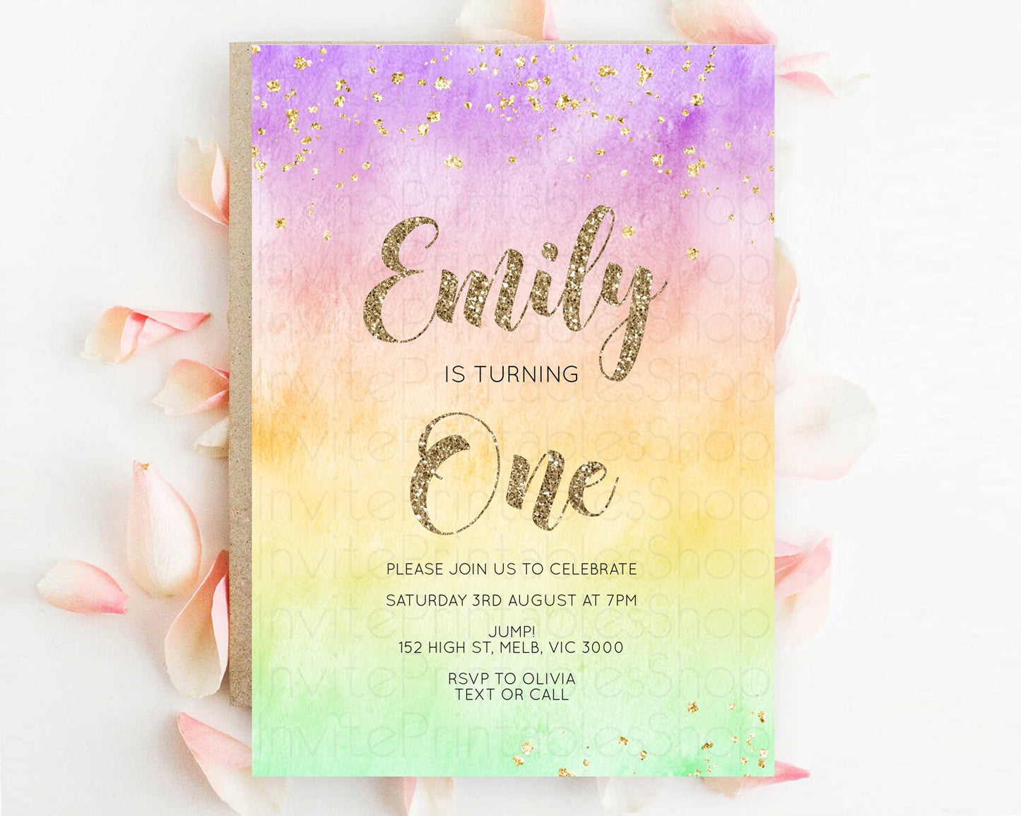 Rainbow Birthday Invitation Colorful Pastel Watercolor Invitation Gold Glitter Sprinkles Ombre Pastel 1st 2nd 3rd Birthday D10512