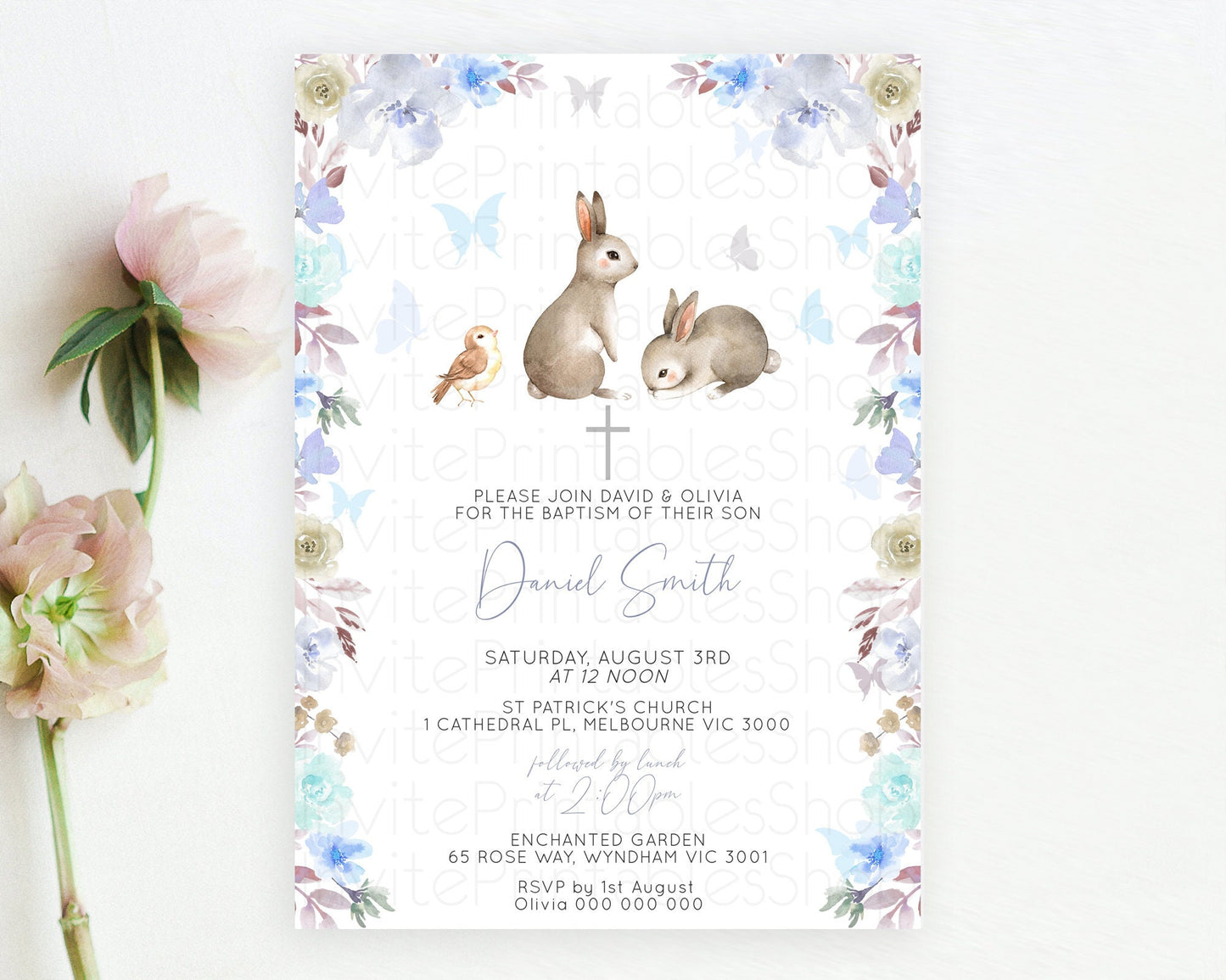 Bunny Baptism Invitation Floral Bunny Baptism 1st Birthday Invitation Pastel Bunny Christening Invite Watercolor Forest Bunny Party  D10927