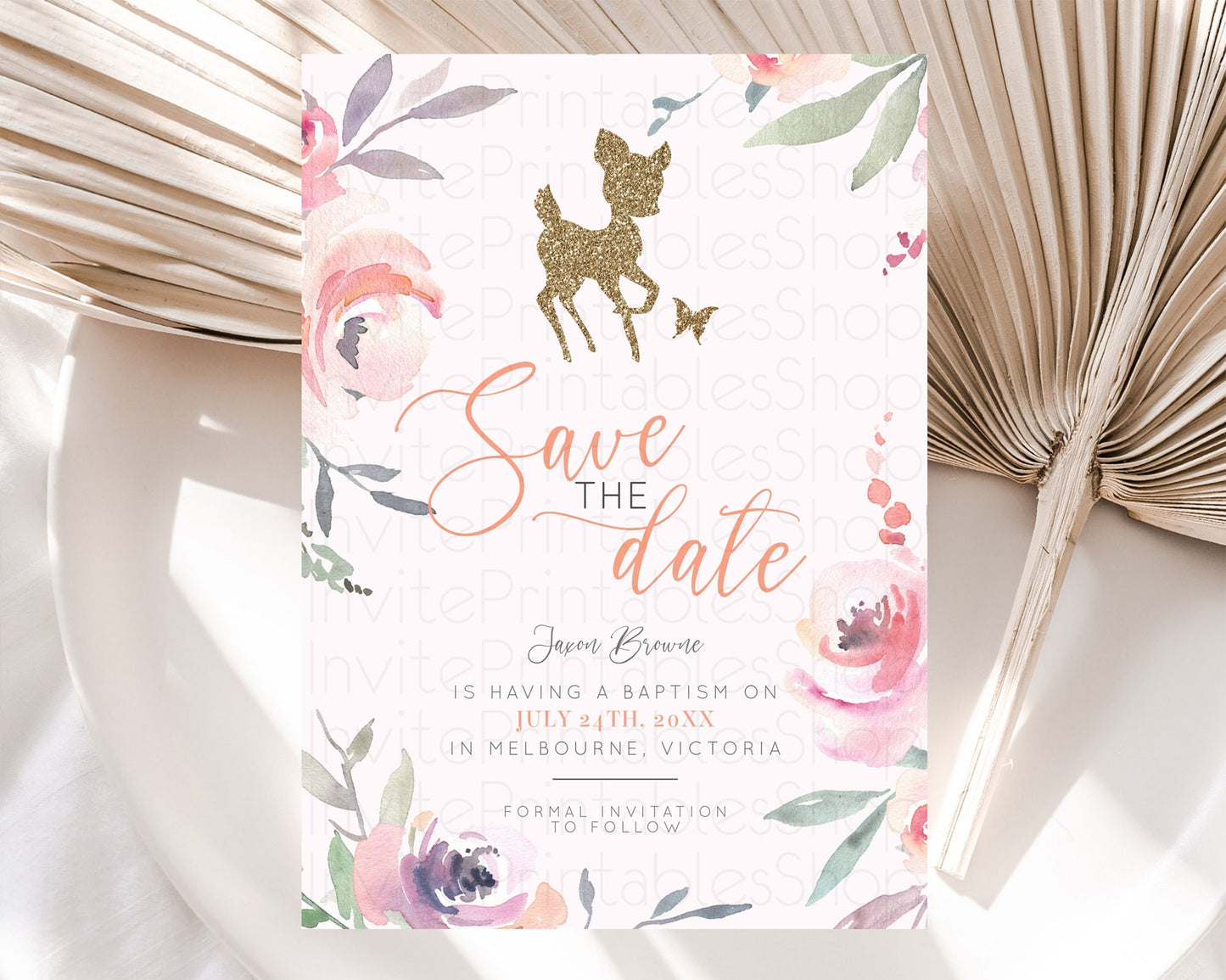 Fawn Deer Save The Date Template Pastel Floral Deer Enchanted Forest Butterfly Party 1st Birthday Baptism Baby Shower Bridal Shower D10196