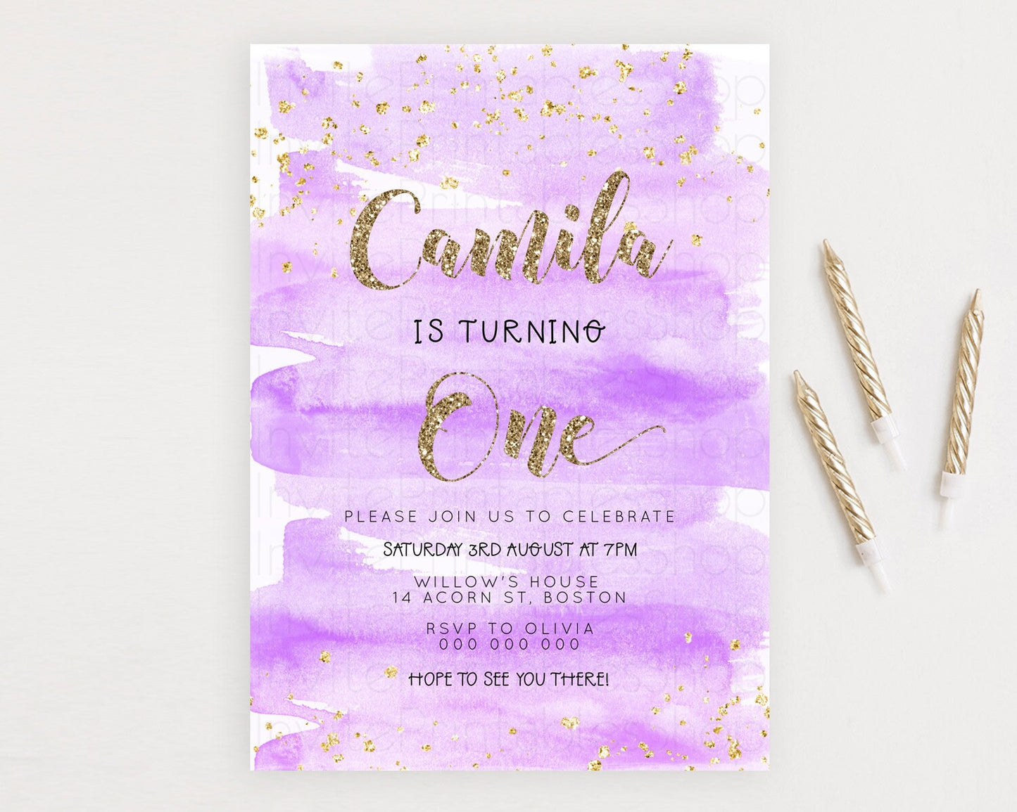 Purple Birthday Invitation Purple Watercolor Invite Pastel Purple Watercolor Invitation Purple Splash Gold Invitation First Birthday D23280