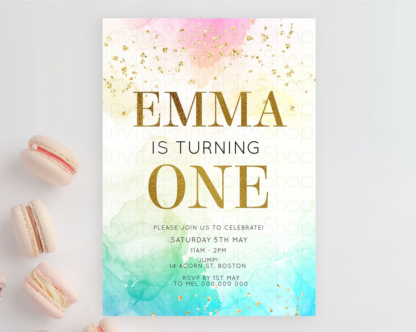 Rainbow Birthday Invitation Colorful Pastel Watercolor Invitation Gold Glitter Sprinkles Ombre Pastel 1st 2nd 3rd Birthday D10770