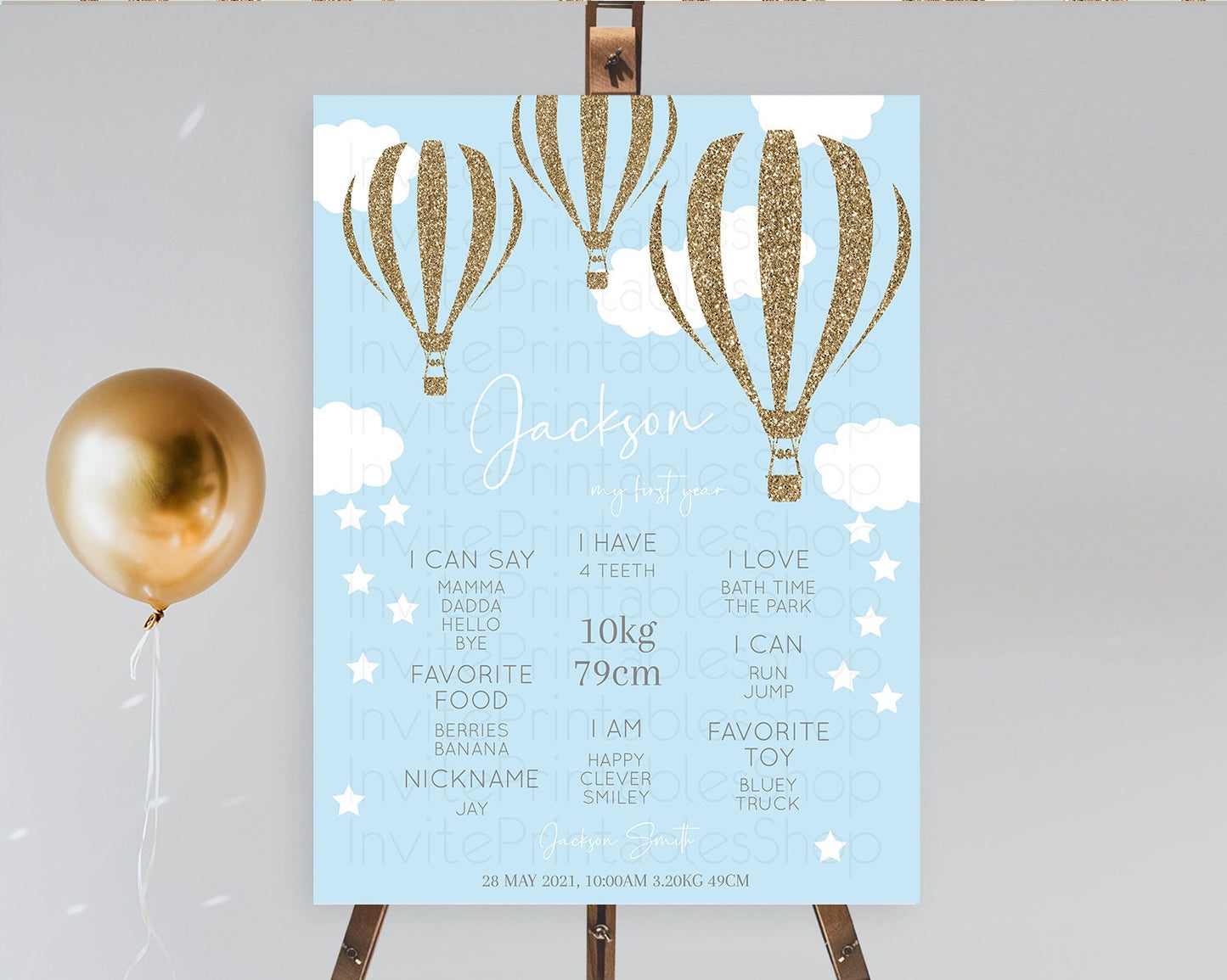 Hot Air Balloon First Birthday Milestone Poster Hot Air Balloon Milestone Board Adventure Awaits Blue Watercolor 1st Birthday Boy D10332