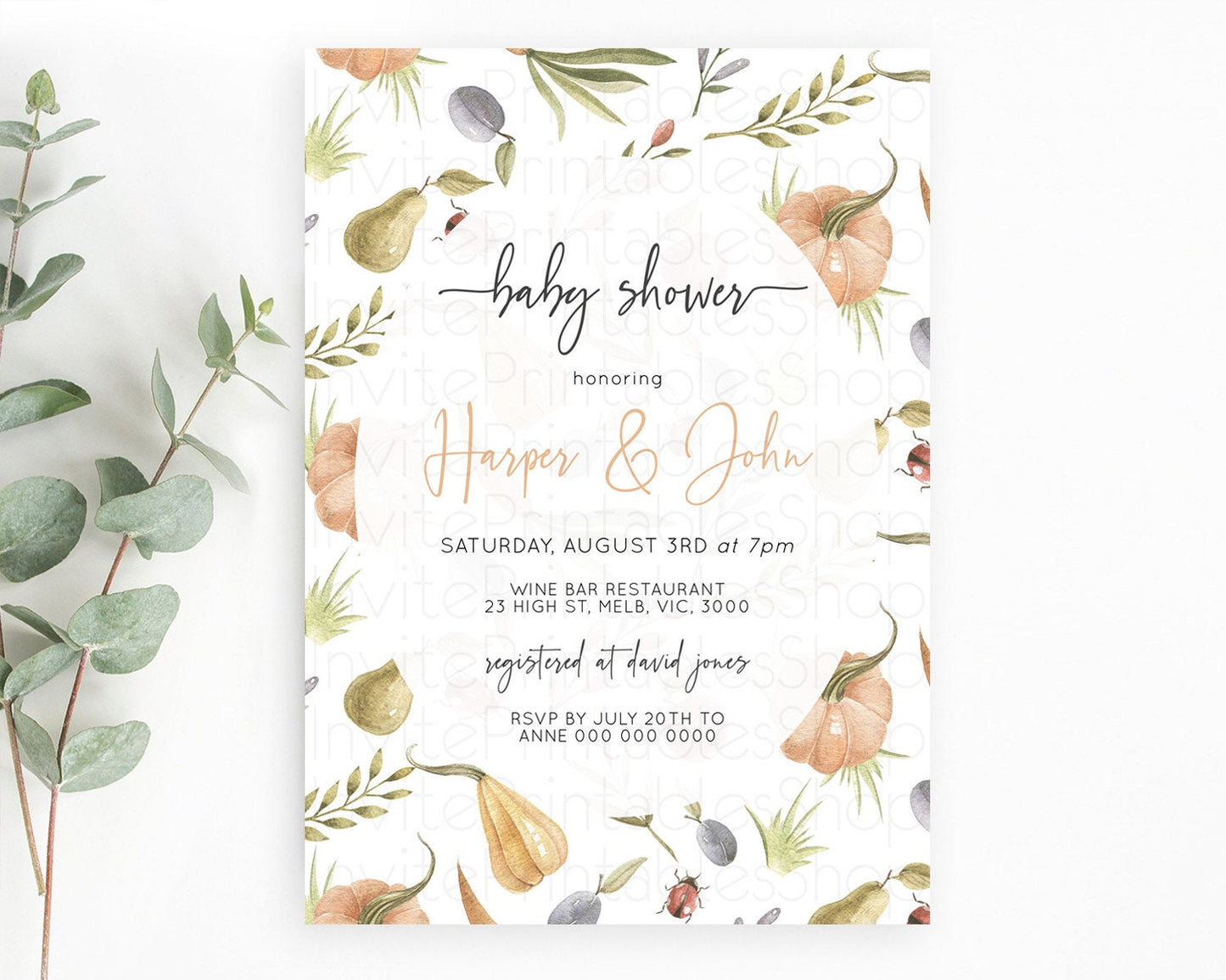 Pumpkin Baby Shower Invitation Pear Invitation Ladybug Invitation Plum Invitation Country Watercolor Baby Shower Invitation D10543