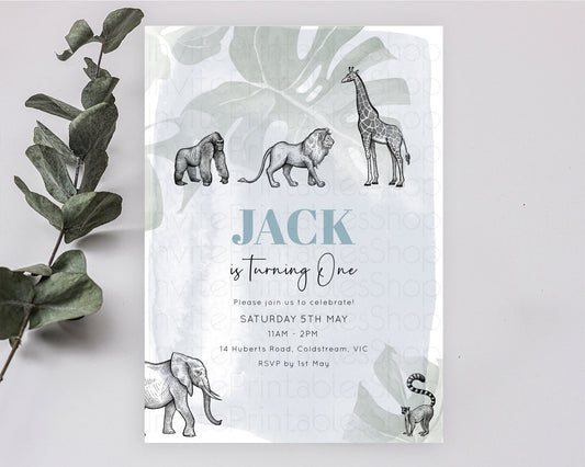 Editable Safari Birthday Invitation Lion Gorilla Elephant Rhino Tropical Pal