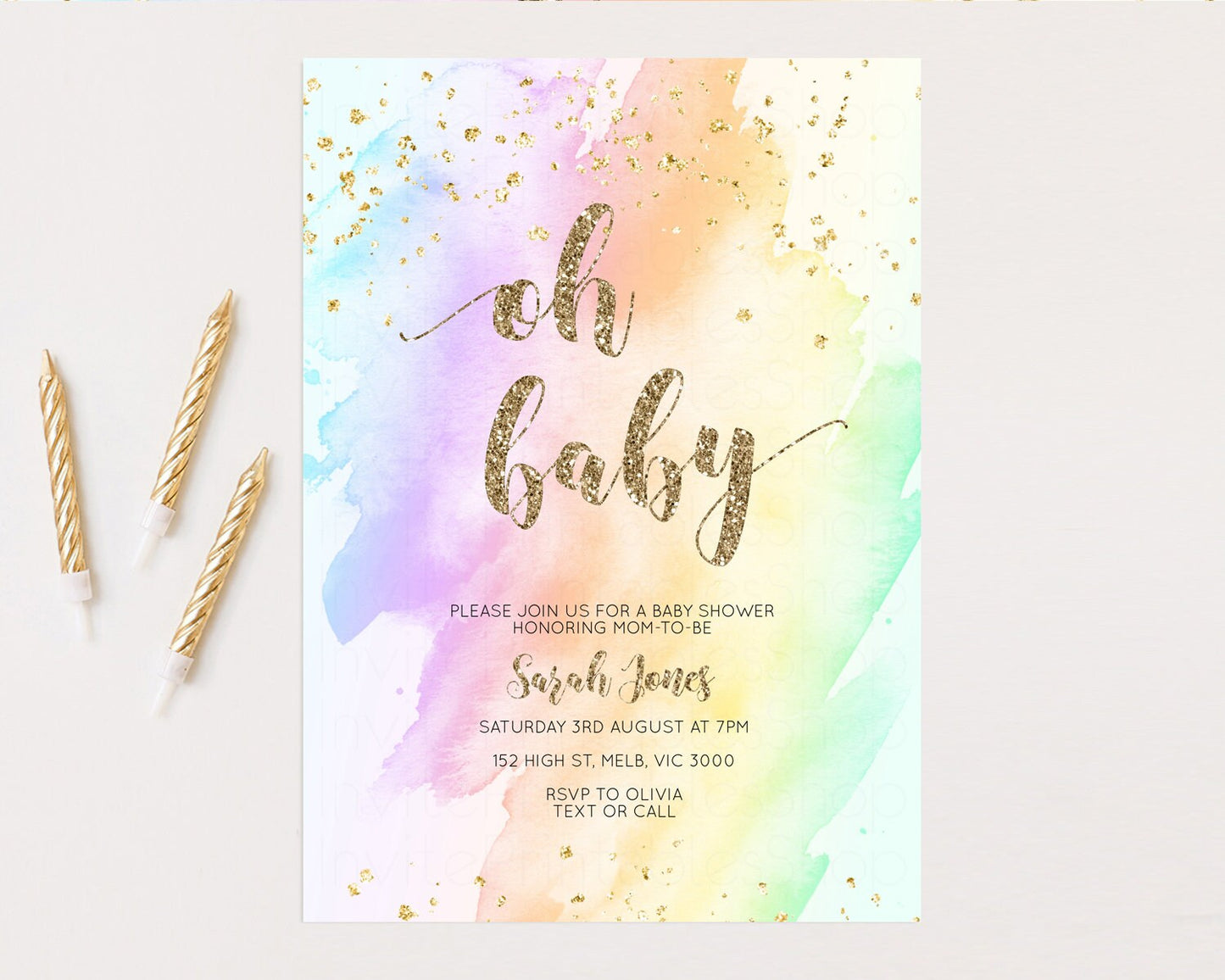 Rainbow Baby Shower Invitation Pastel Baby Shower Invitation Watercolor Ombre Invitation Rainbow Pastel Colors Invite Glitter Confetti g602