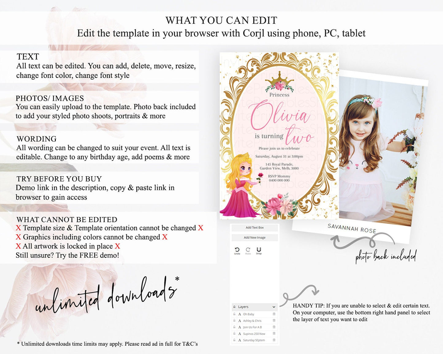 Princess Birthday Invitation Castle Invitation Royal Birthday Fairy Tale Enchanted Mirror Pastel Floral Garden 1st First Birthday D10743