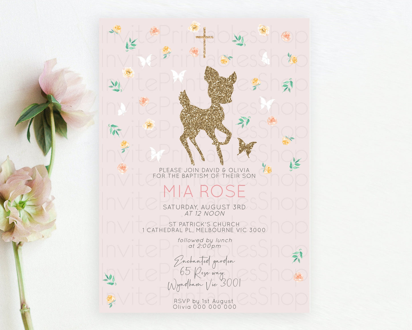 Fawn Baptism Invitation Deer Baptism 1st Birthday Invitation Enchanted Forest Christening Invitation Pastel Garden Butterfly Floral D10386