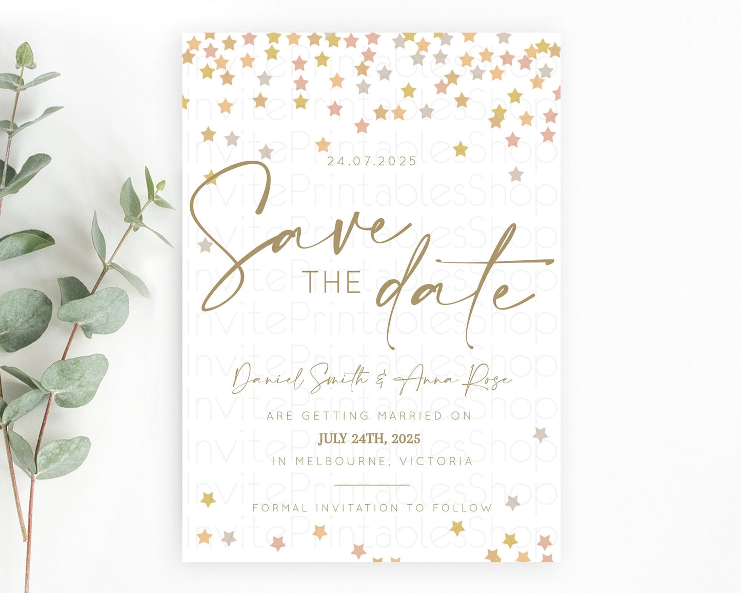 Twinkle Stars Save The Date Template Pastel Twinkle Little Star Party Shooting Star Confetti Sprinkles Birthday Baptism Baby Shower D10342