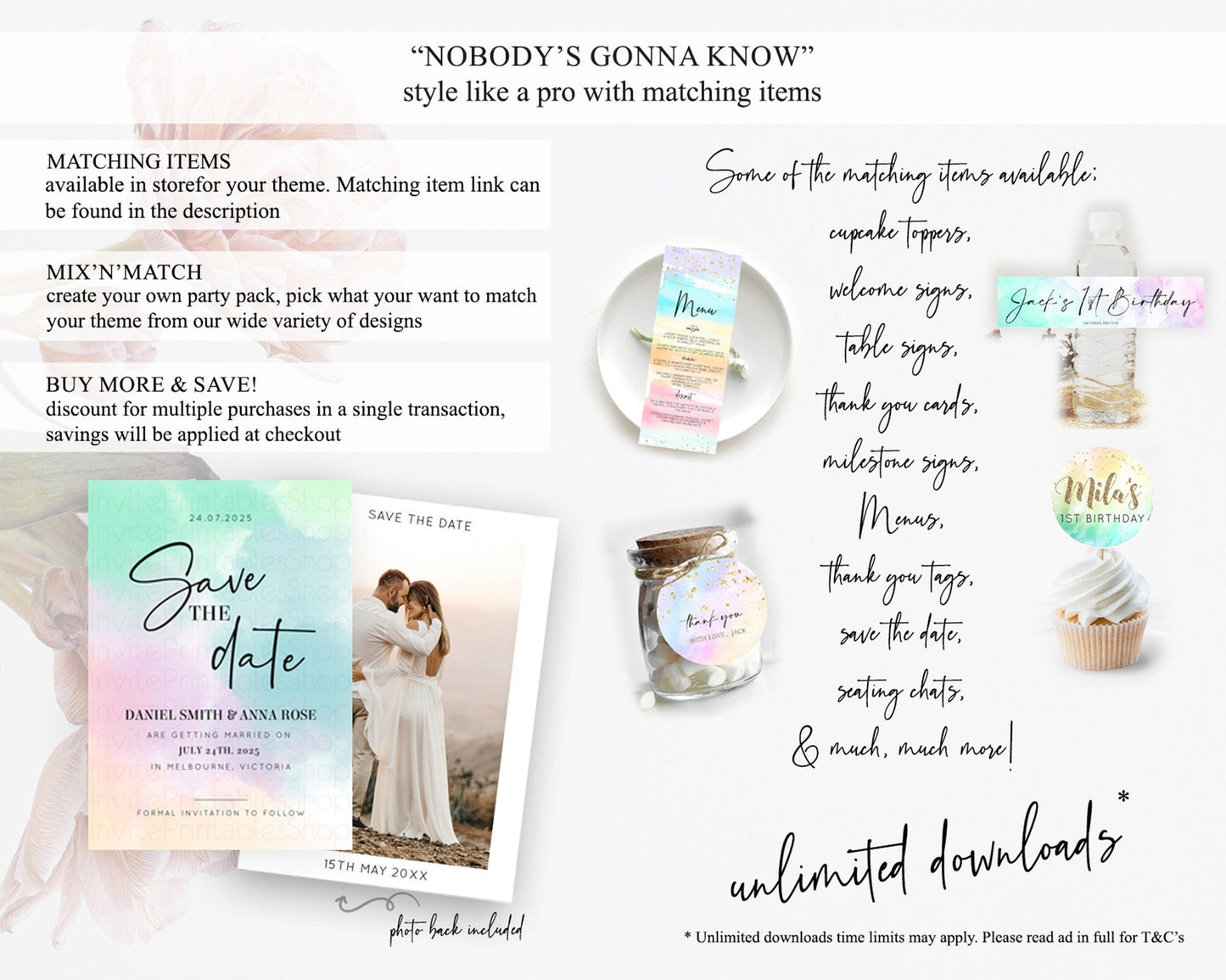 Pastel Save The Date Template Pastel Ombre Rainbow Watercolor Colorful Party For Birthday Baptism Baby Shower Wedding Bridal Shower D10375
