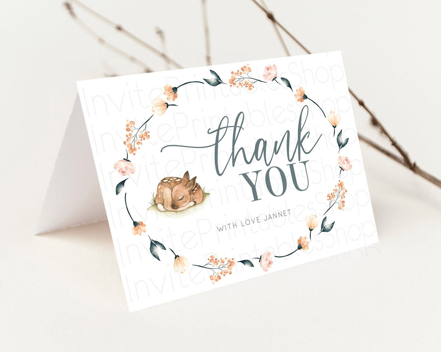 Fawn Thank You Deer Thank You Card Pastel Floral Deer Birthday Thank You Card Enchanted Forest Butterfly Deer Teacher Thank You Card D10790