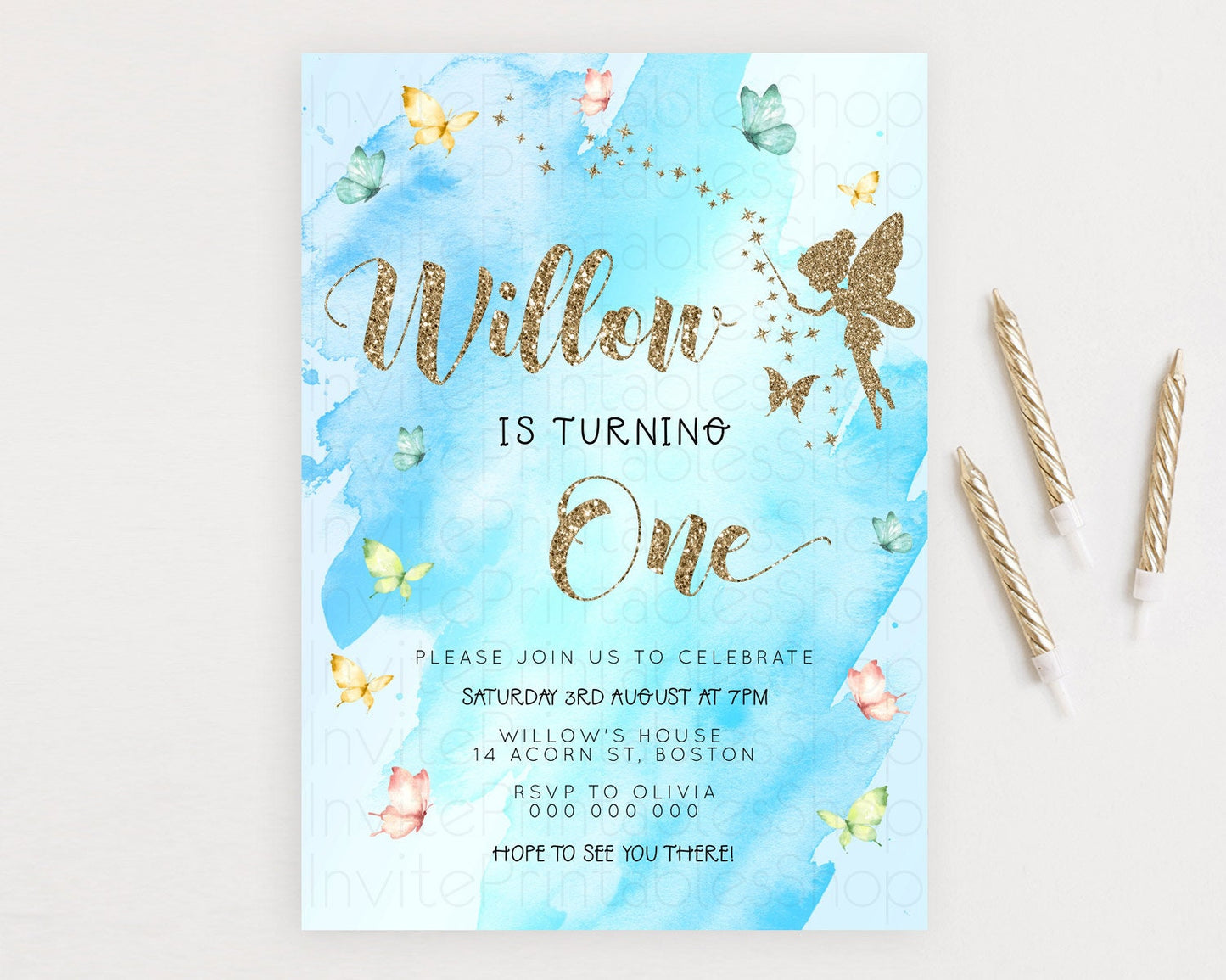 Pastel Fairy Birthday Invitation Pastel Butterflies Fairy Birthday Invitation Rainbow Ombre Watercolor 1st 2nd Birthday Invitation D23354