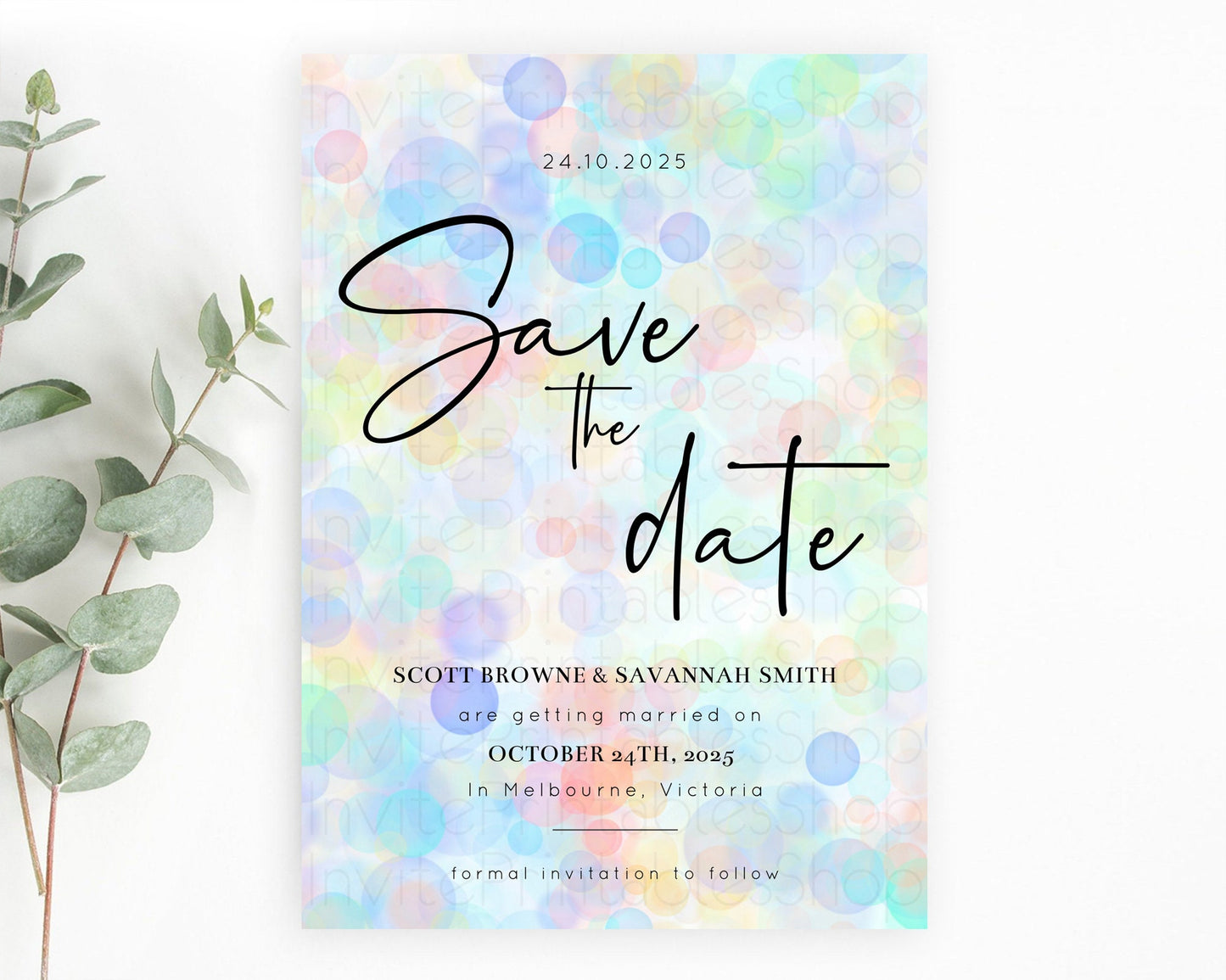 Pastel Bubbles Save The Date Template Bubble Bath Party Rainbow Colorful Confetti Sprinkles 1st Birthday Baby Shower Baptism Wedding D10445