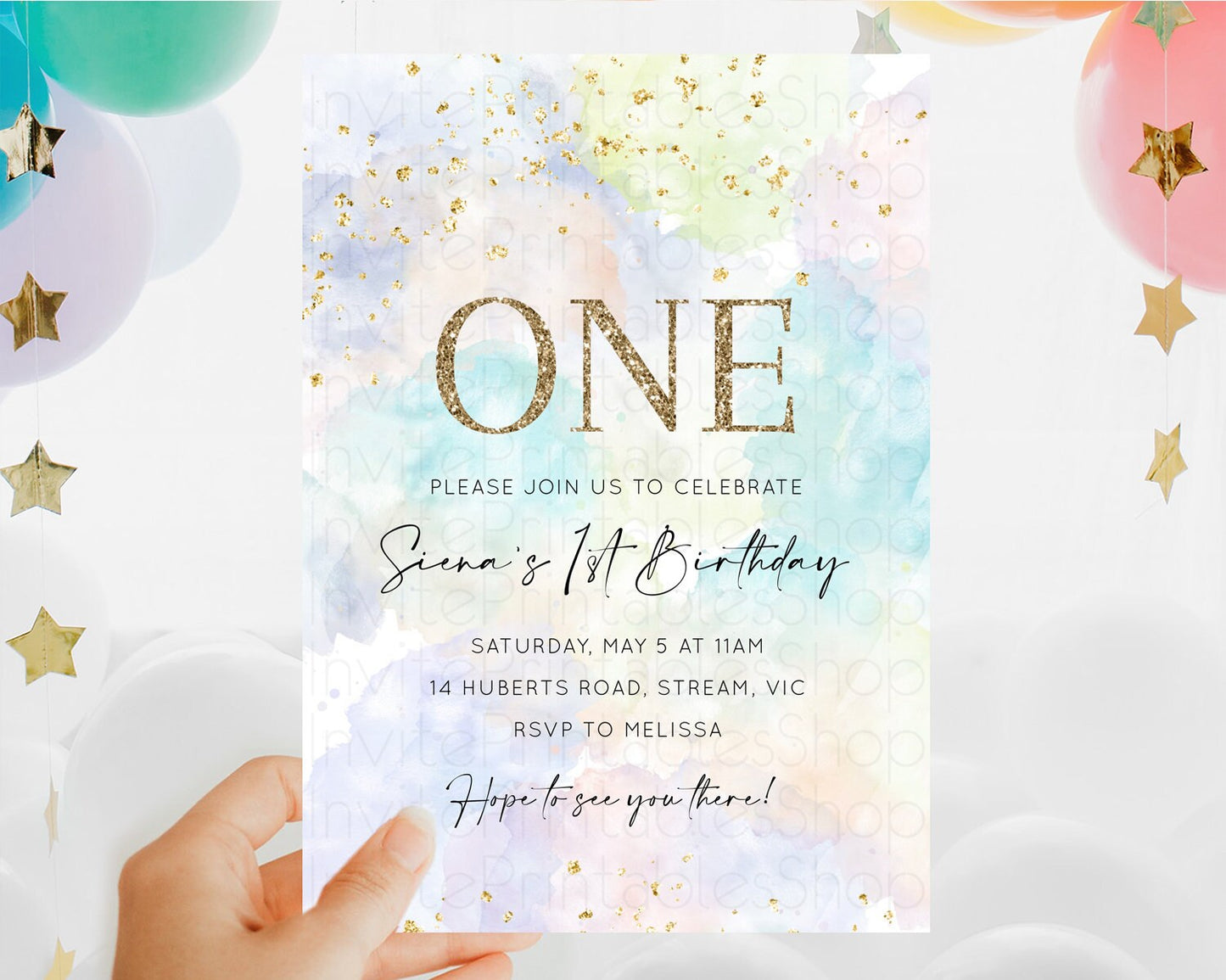 Rainbow Birthday Invitation Colorful Pastel Watercolor Invitation Gold Glitter Sprinkles Ombre Pastel 1st 2nd 3rd Birthday D10613