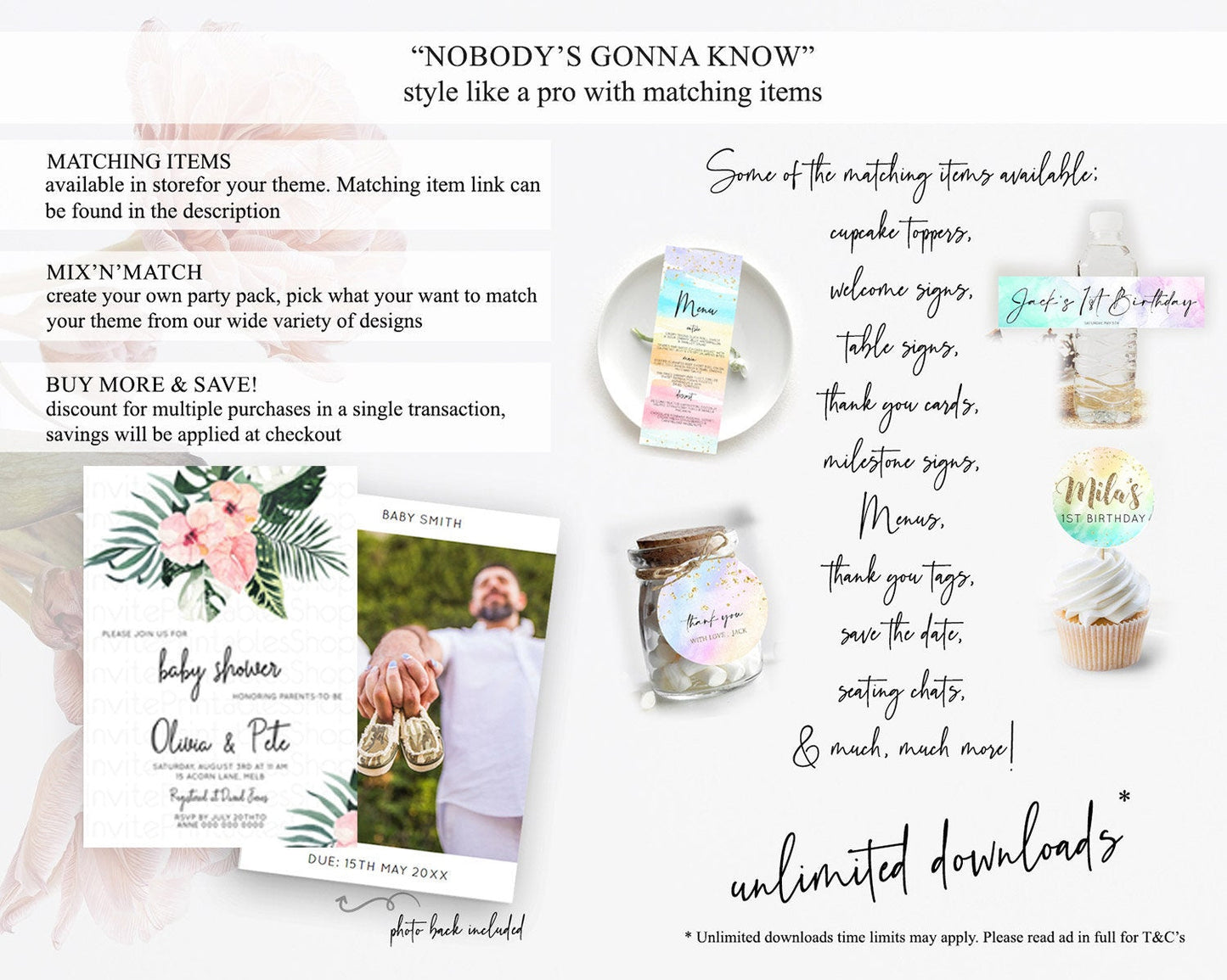 Tropical baby Shower Invitation Tropical Floral Baby Shower Invitation Palm Leaf Fern Invitation Frangipani White Orchid Invitation D11017