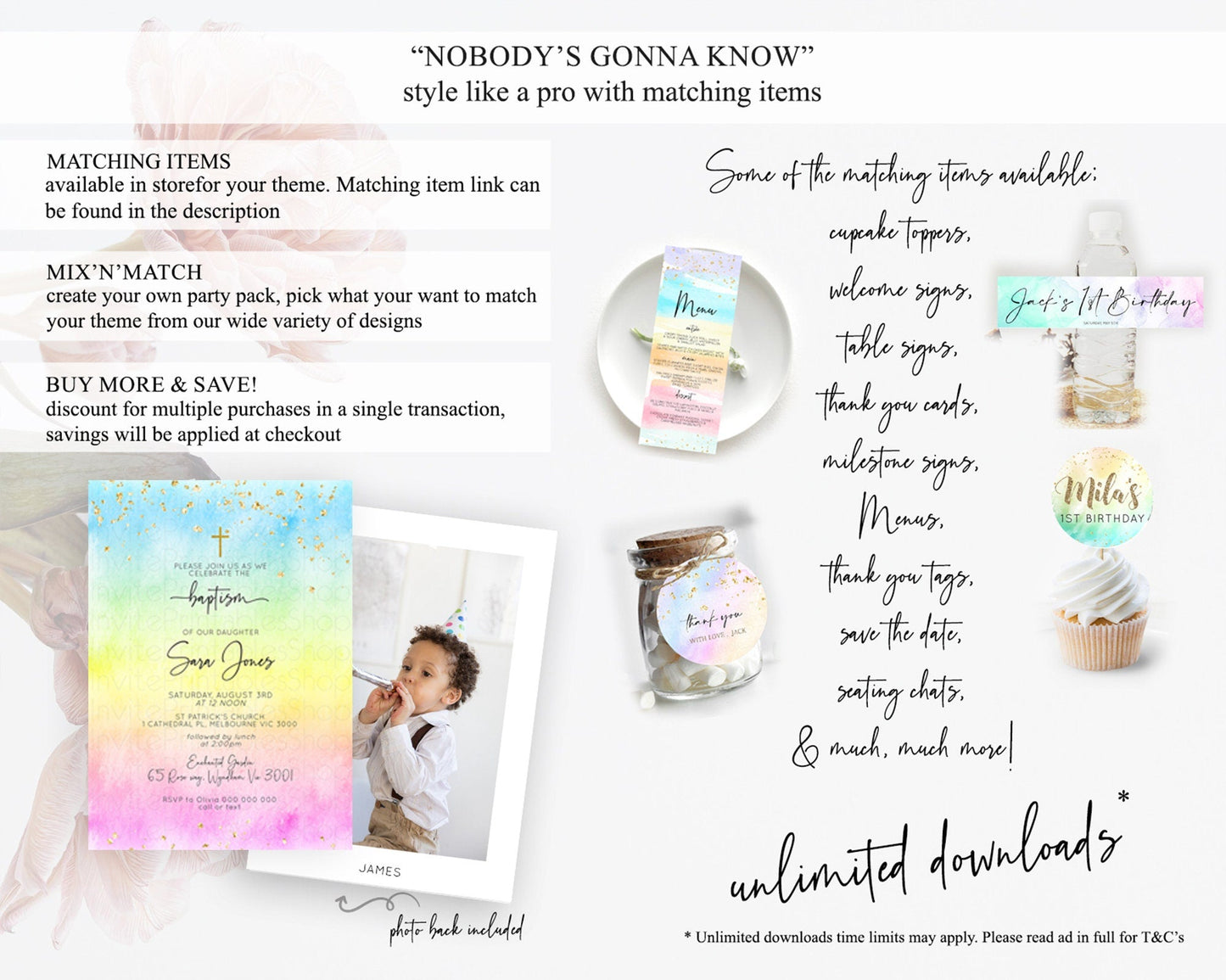 Pastel Baptism Invitation Pastel Colors Watercolor Baptism 1st Birthday Party Gold Ombre Pastel Rainbow Christening Holy Communion D10480
