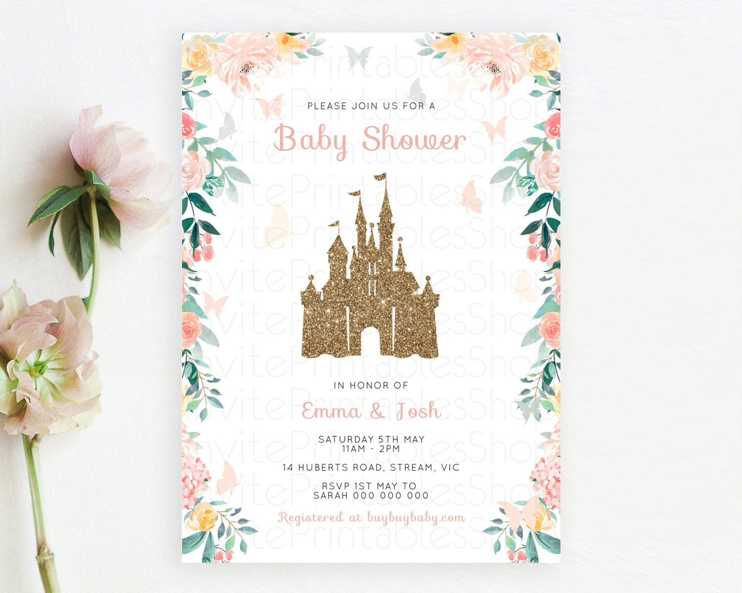 Editable Pastel Princess Baby Shower Invitation Floral Castle Invitation Roy