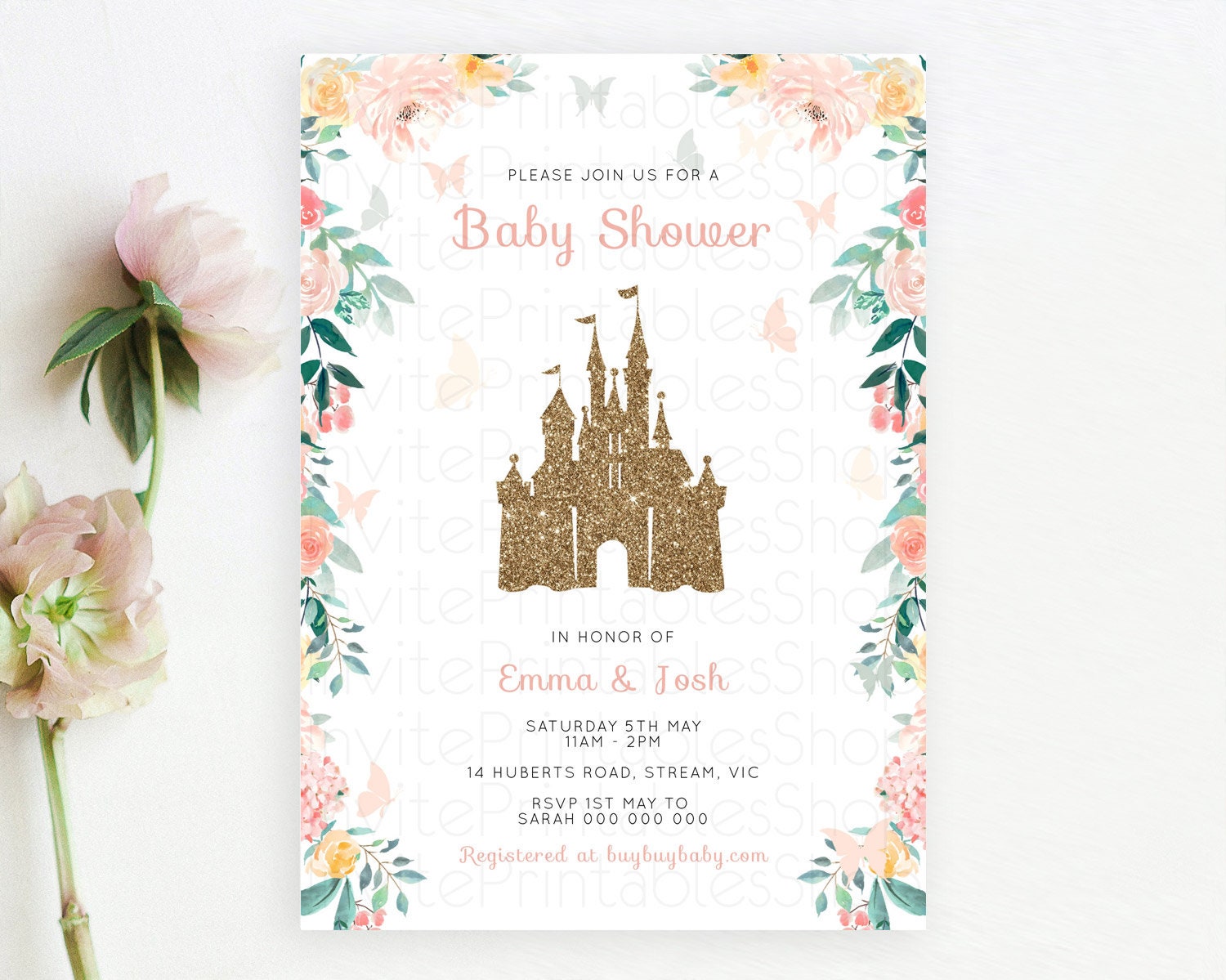 Editable Pastel Princess Baby Shower Invitation Floral Castle Invitation Roy
