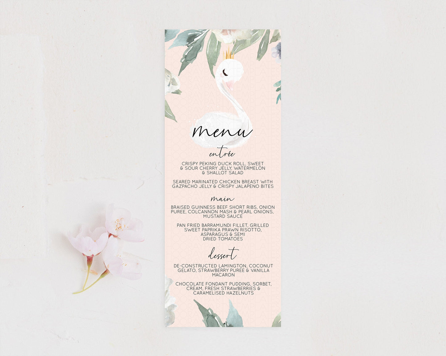 Swan Menu Swan Princess Ballet Menu Template Enchanted Swan Lake Table Decor Secret Garden Pastel Floral Dinner Dessert Food Menu  D10755