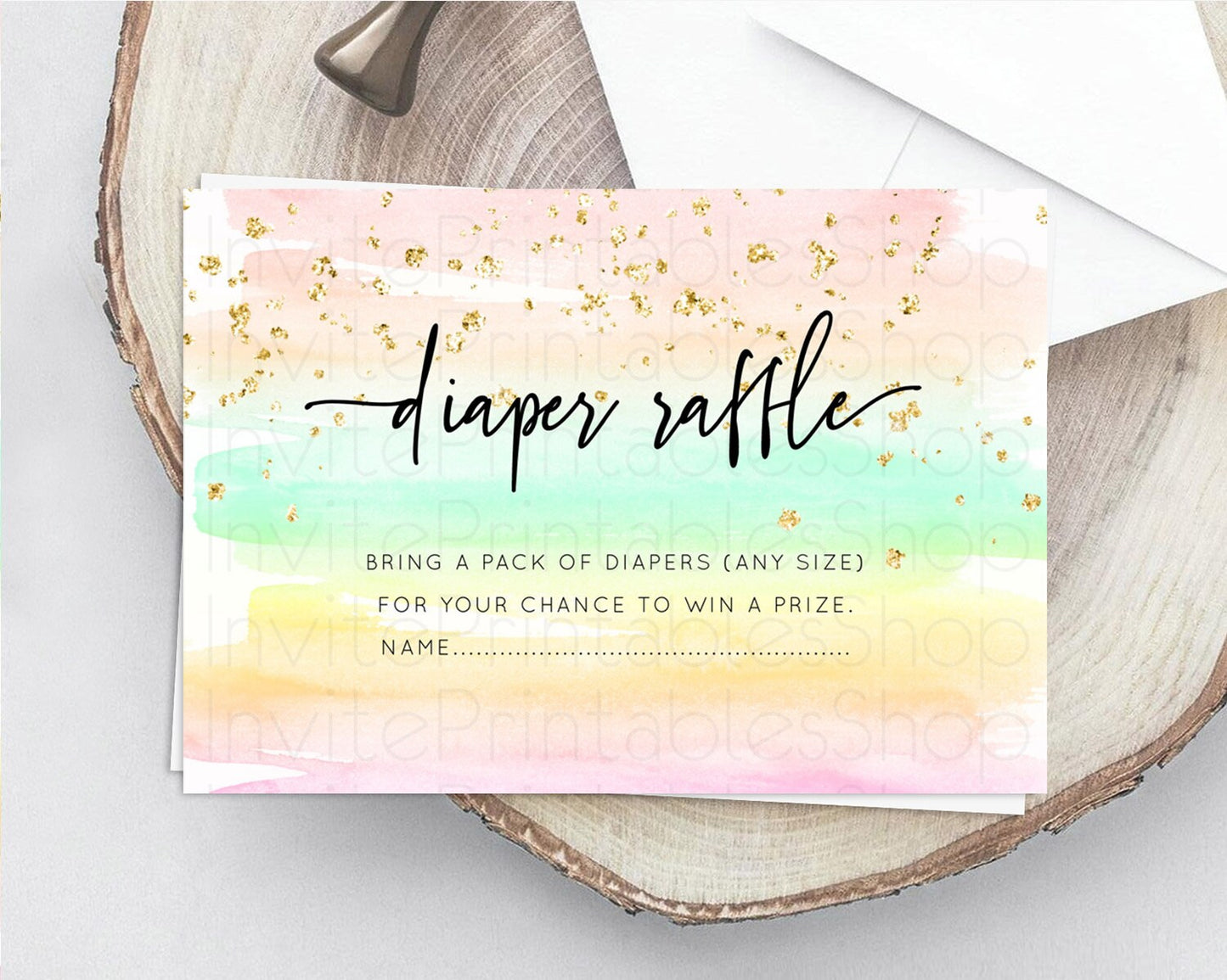 Pastel Diaper Raffle Card Pastel Rainbow Diaper Raffle Insert Colorful Ombre Watercolor Diaper Ticket Confetti Glitter Raffle Game D10591