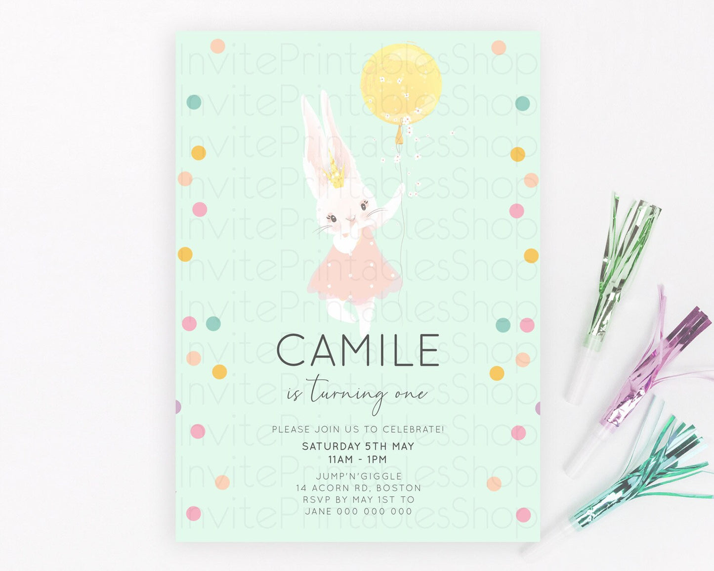 Bunny Birthday Invitation Pastel Bunny Invitation Bunny Balloon Invites Pastel Confetti Balloon Bunny Invites 2nd 1st First Birthday 199v5