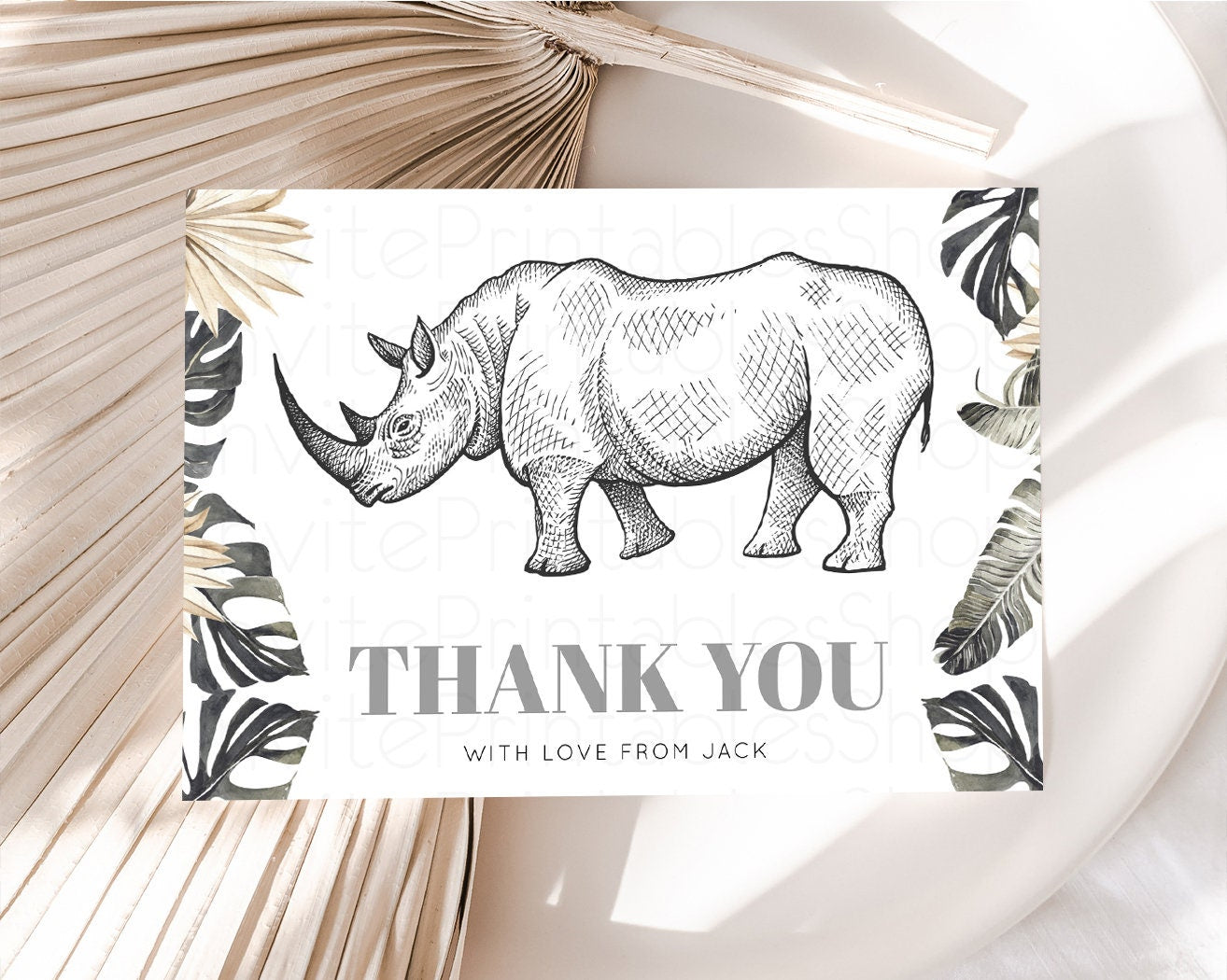 Rhinoceros Thank You Card Dried Palm Fern Wild One Safari Jungle Zoo Foldable Card Tent Flat Postcard Detail Insert Card Birthday p269