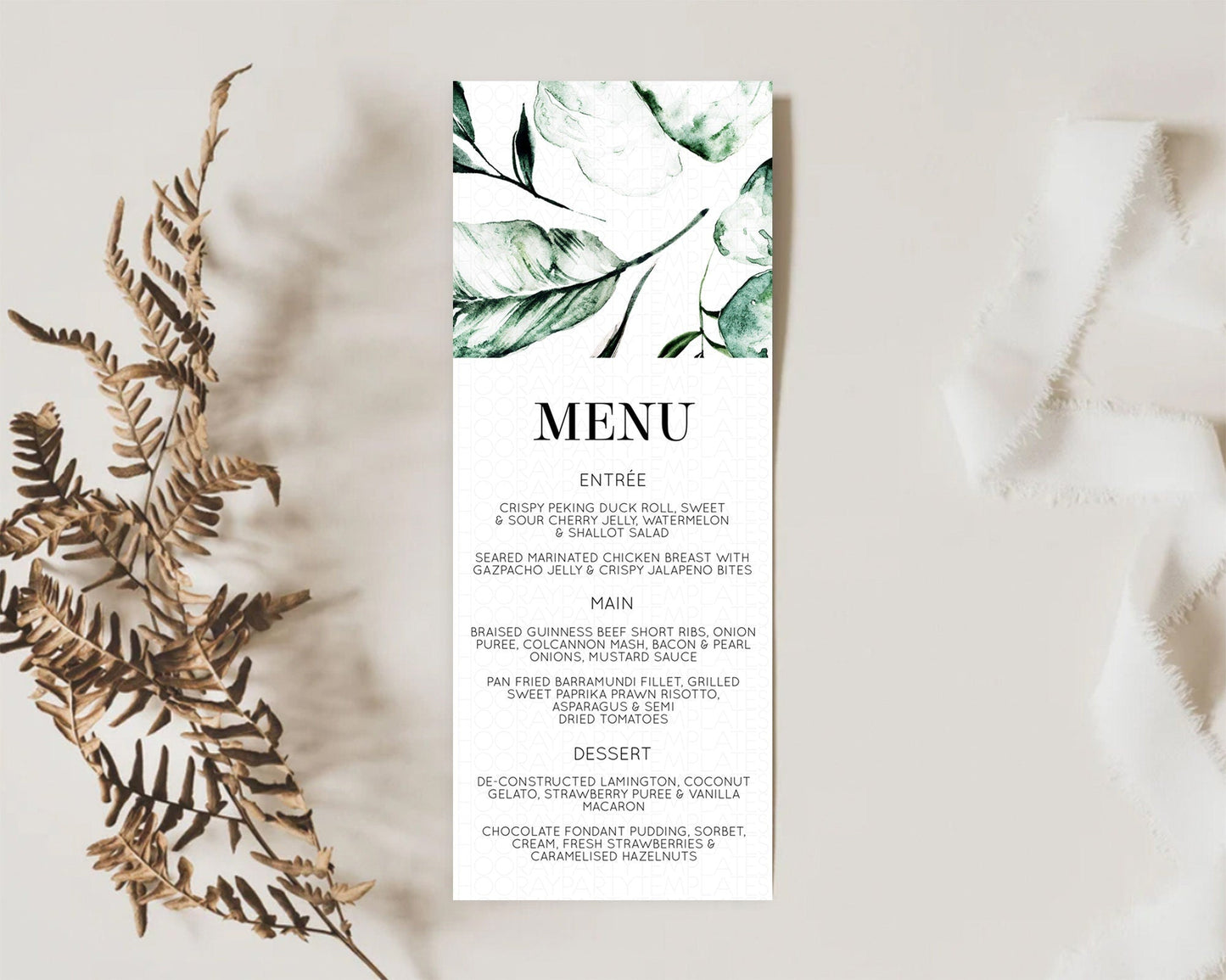 Tropical Menu Template Tropical Menu Palm Leaf Fern Table Decor Frangipani Floral White Orchid Dinner Dessert Menu Party Food Menu D11063