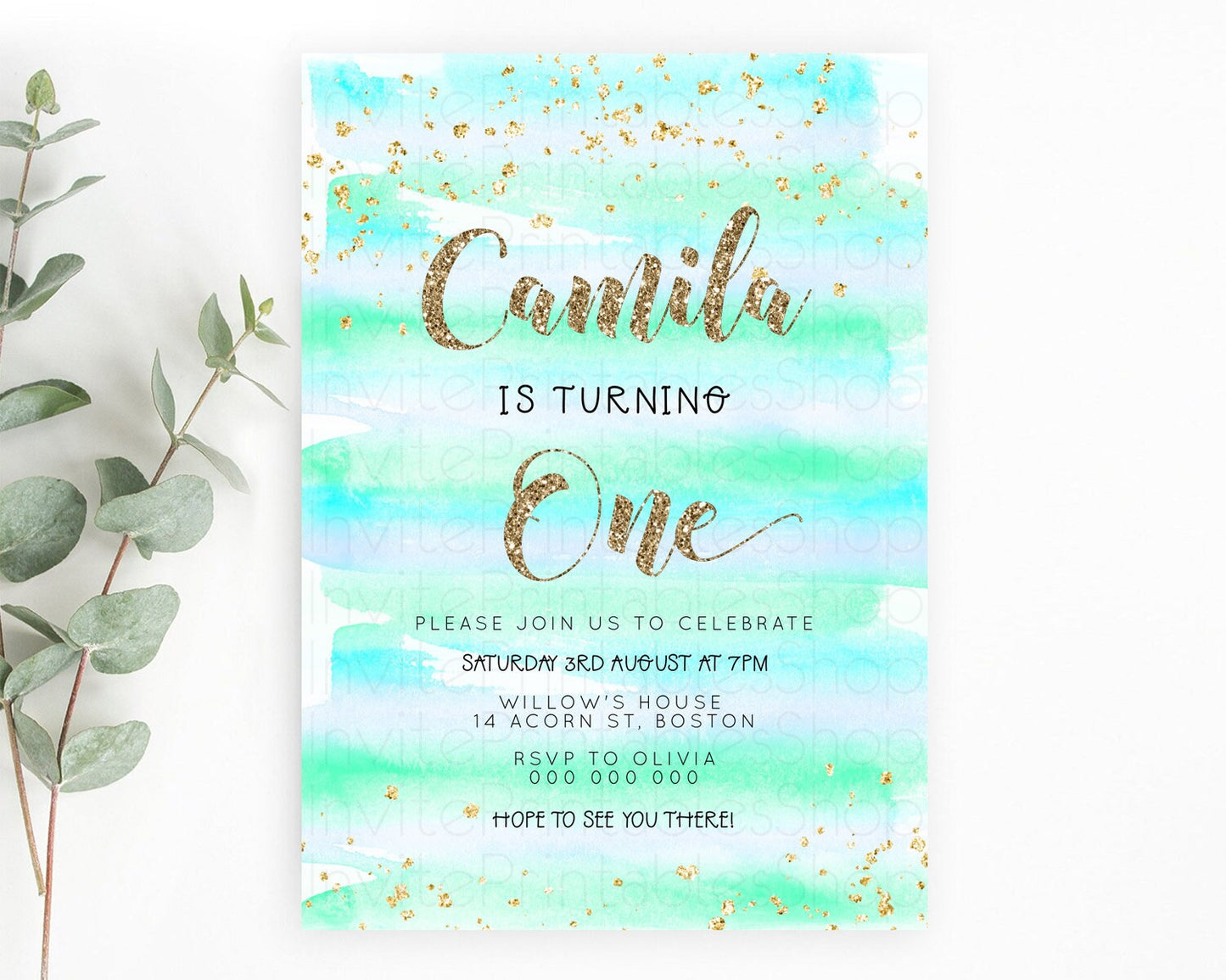 Blue Birthday Invitation Blue Watercolor Invitation Pastel Blue Watercolor Invitation Blue Splash Gold Invitation 1st First Birthday D23267