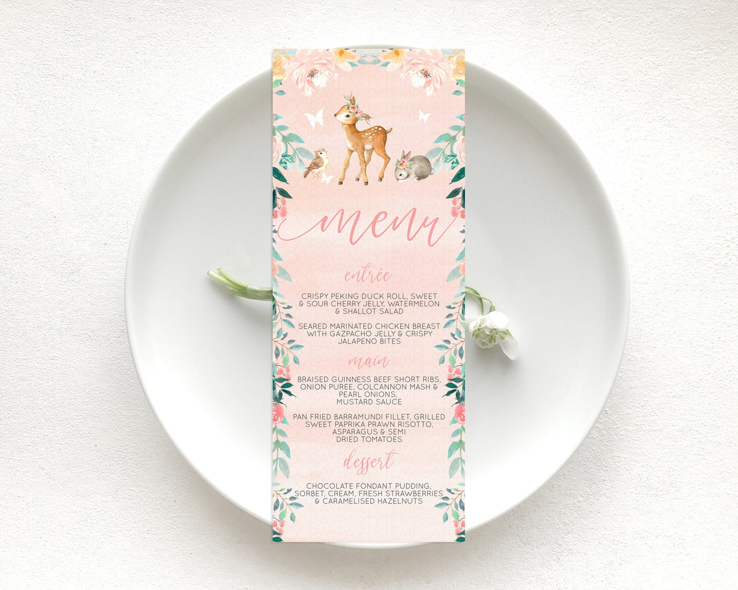 Fawn Menu Deer Menu Template Pastel Floral Deer Table Decor Enchanted Forest Butterfly Floral Dinner Dessert Menu Party Food Menu D10921