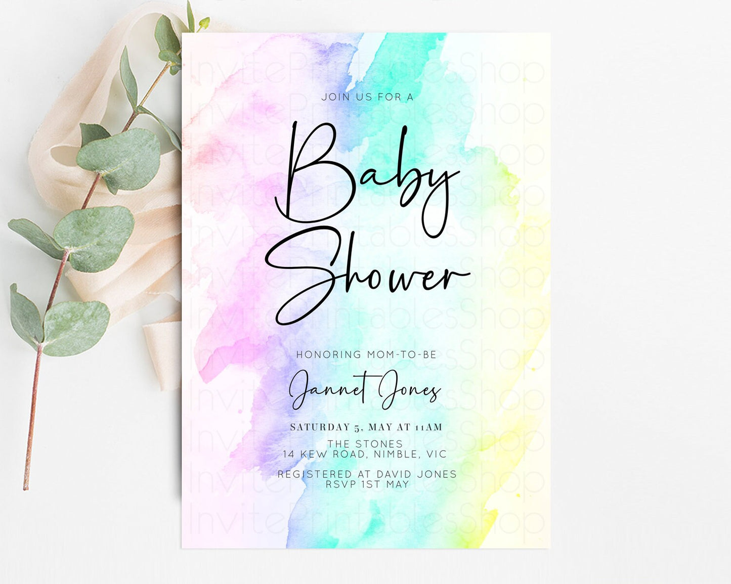 Rainbow Baby Shower Invitation Pastel Baby Sower Invite Colorful Splash Invite Sprinkle Confetti Watercolor Ombre Baby Shower Invite F210