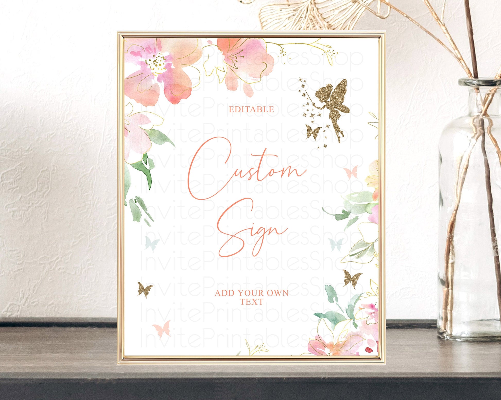 Editable Fairy Sign Enchanted Garden Table Sign Decor Pastel Floral Butterfl
